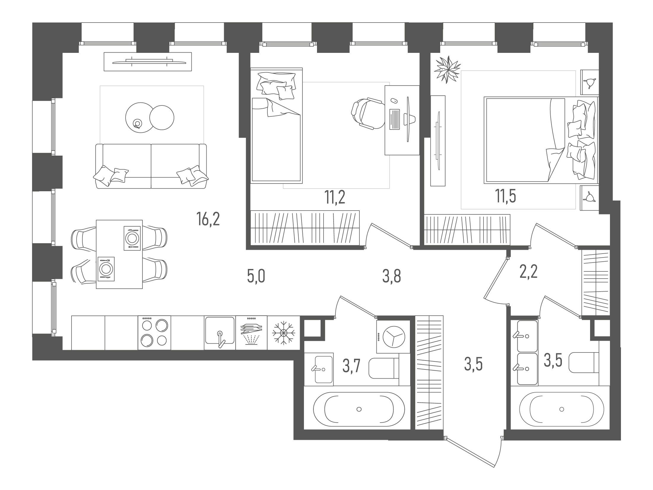 Планировка: 2-комн. квартира 60.60 м² в новостройке Пейв