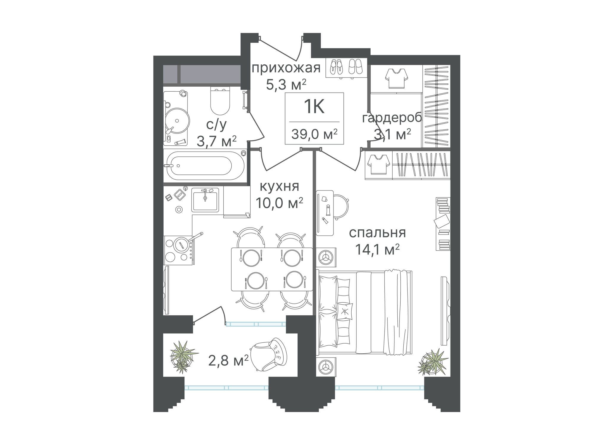 Планировка: 1-комн. квартира 39.00 м² в новостройке Варшавские ворота