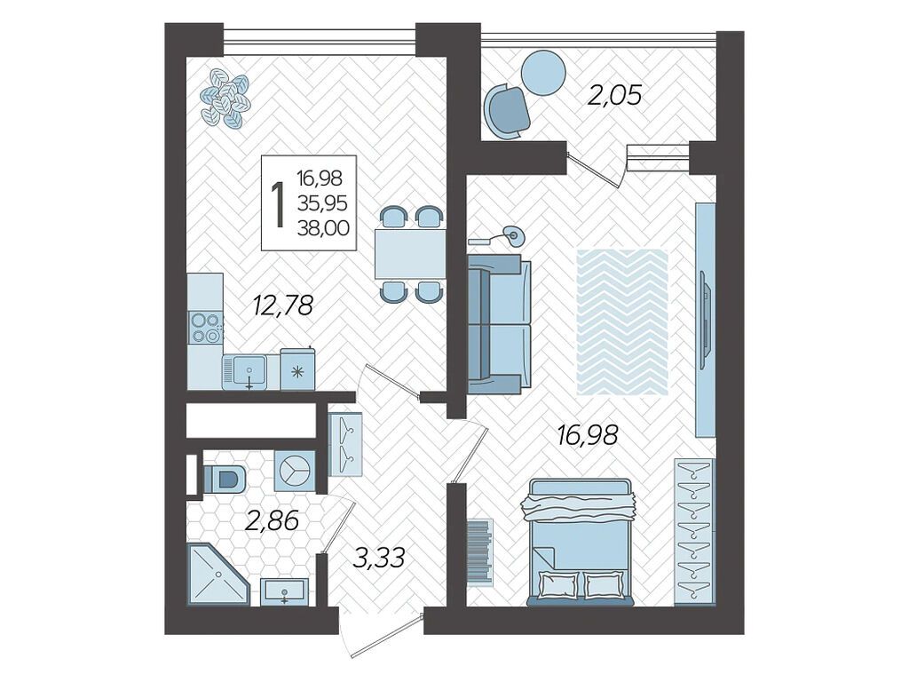 Планировка: 1-комн. квартира 39.00 м² в новостройке Кислород