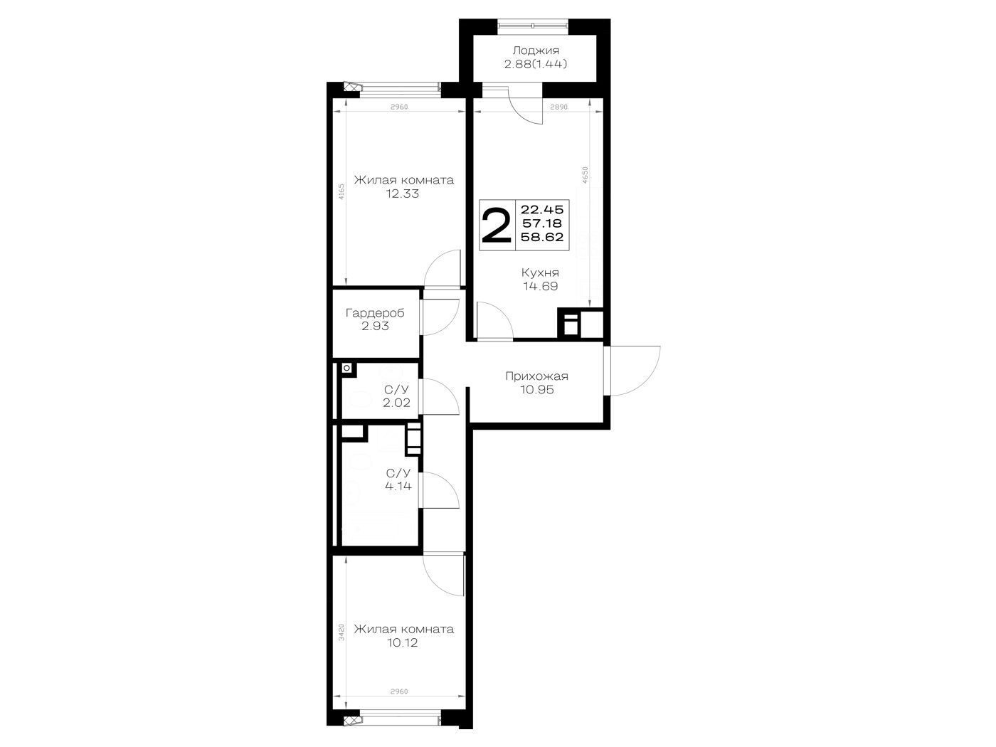 Планировка: 2-комн. квартира 58.62 м² в новостройке Борский