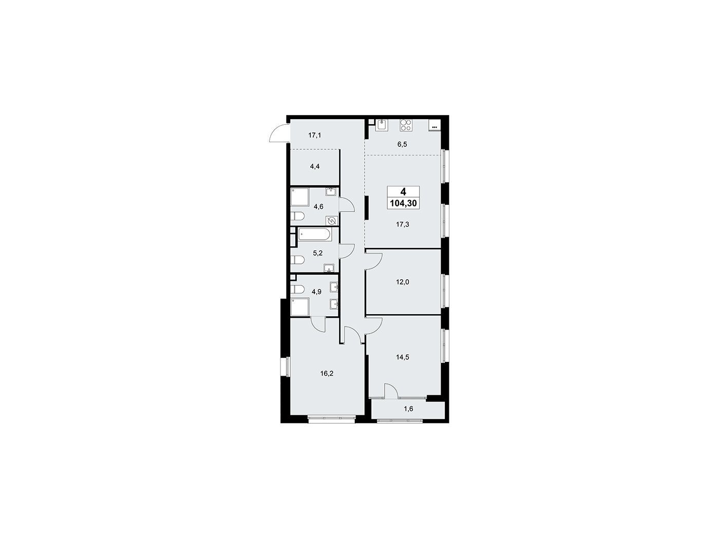 Планировка: 4-комн. квартира 104.30 м² в новостройке Дом на Зорге