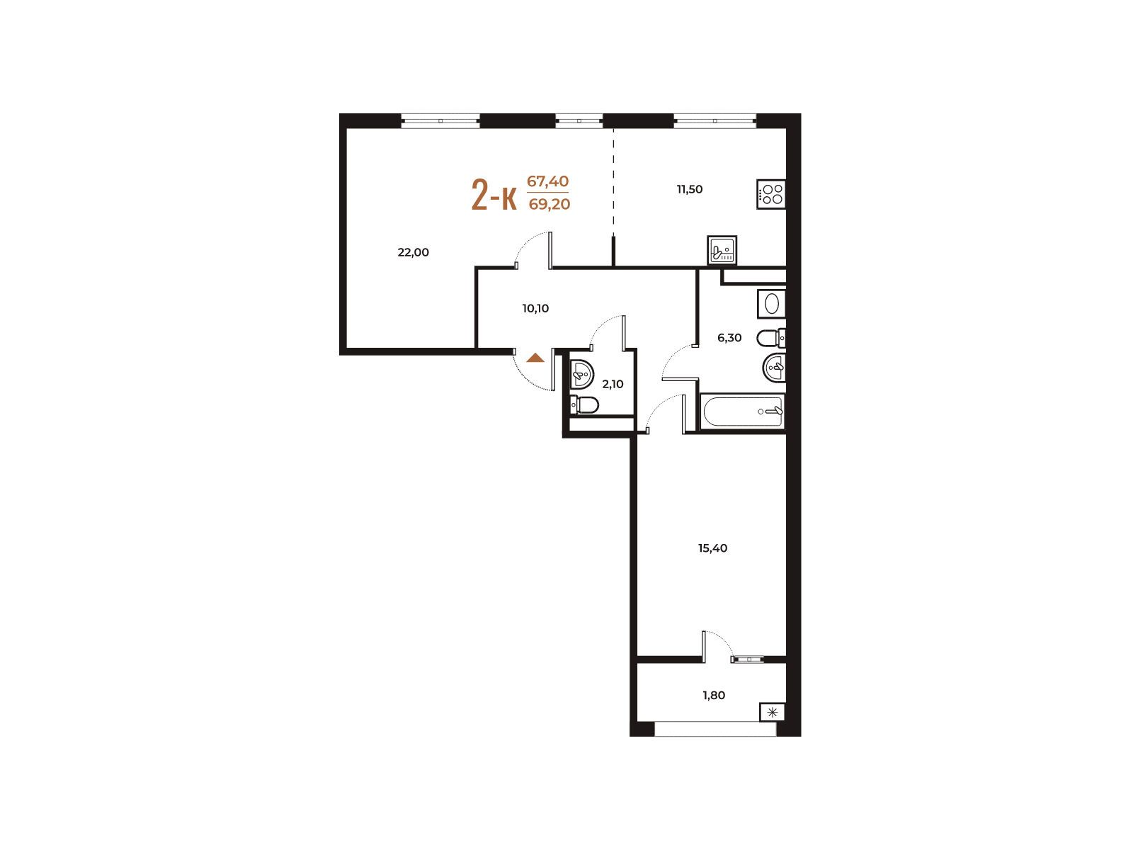 Планировка: 2-комн. квартира 69.20 м² в новостройке Новое Летово