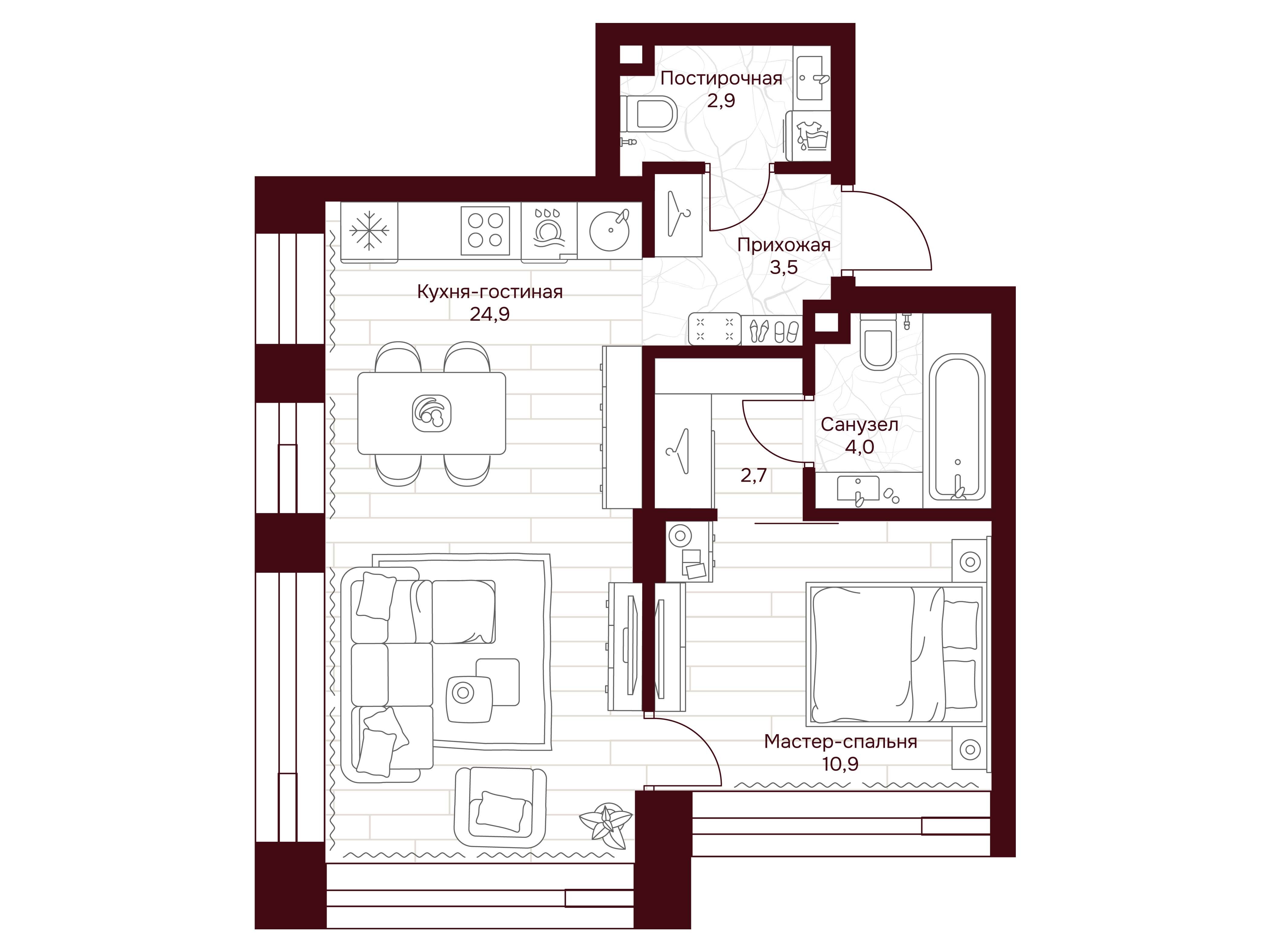 Планировка: 1-комн. квартира 48.90 м² в новостройке ЖК Дом 7 Даниловский