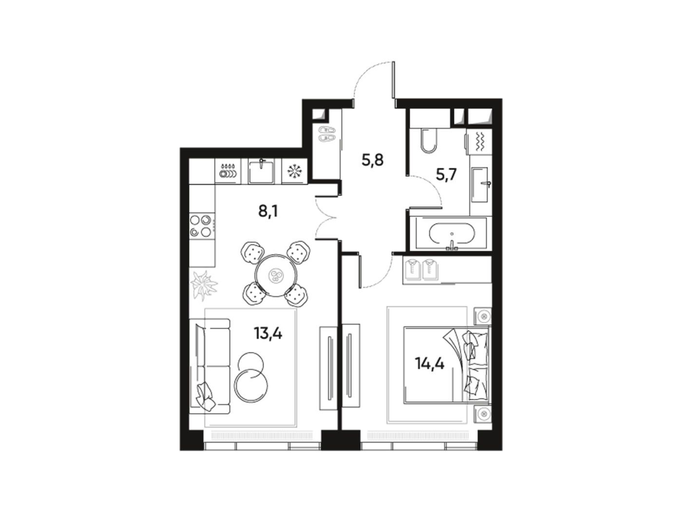 Планировка: 2-комн. квартира 47.70 м² в новостройке Прайд