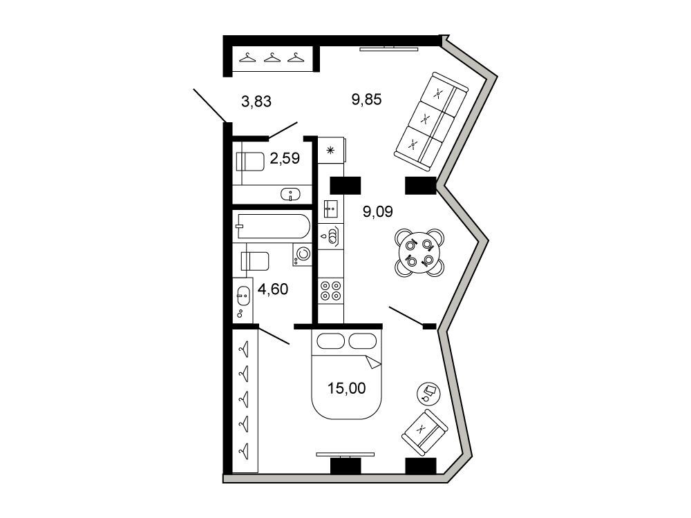 Планировка: 2-комн. квартира 44.97 м² в новостройке Клубный дом Новая, 11
