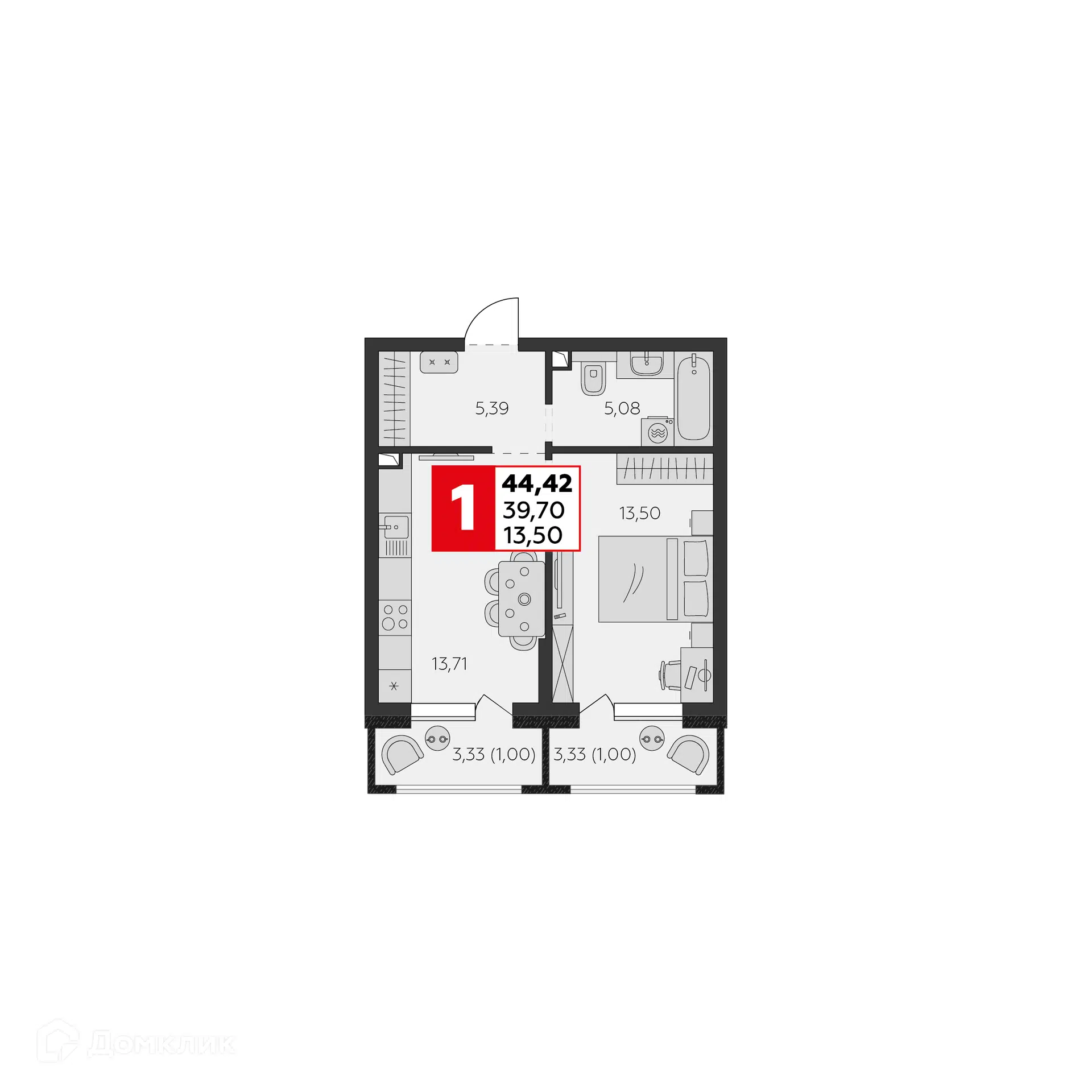 Планировка: 1-комн. квартира 39.70 м² в новостройке К24
