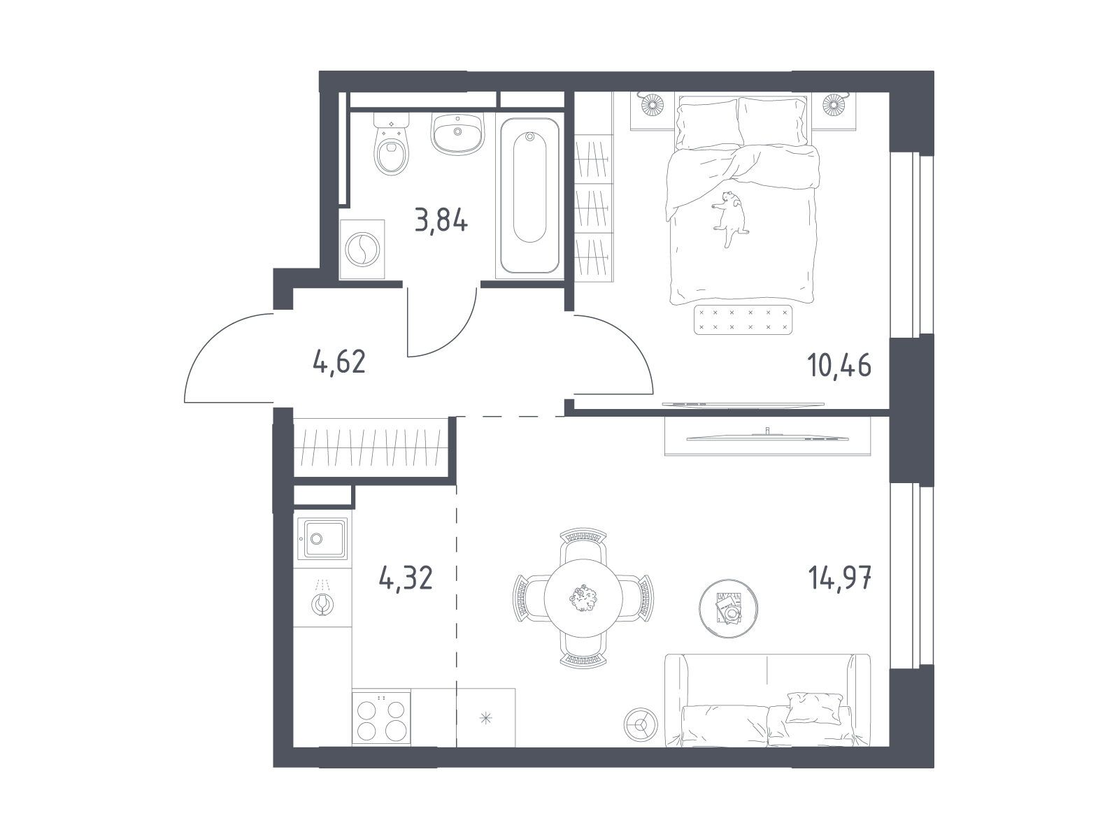 Планировка: 1-комн. квартира 37.70 м² в новостройке Новое Видное
