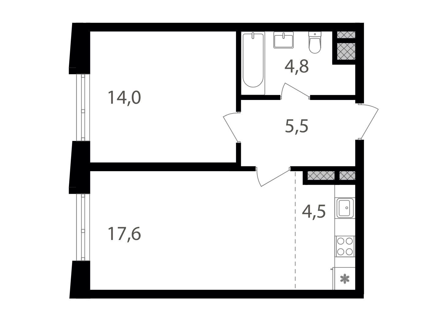 Планировка: 1-комн. квартира 46.30 м² в новостройке Семеновский парк 2