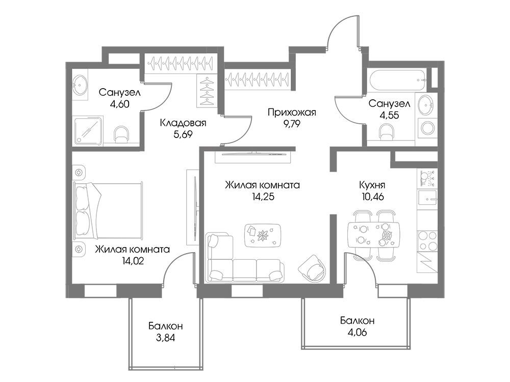 Планировка: 2-комн. квартира 65.73 м² в новостройке Резиденция Рощино