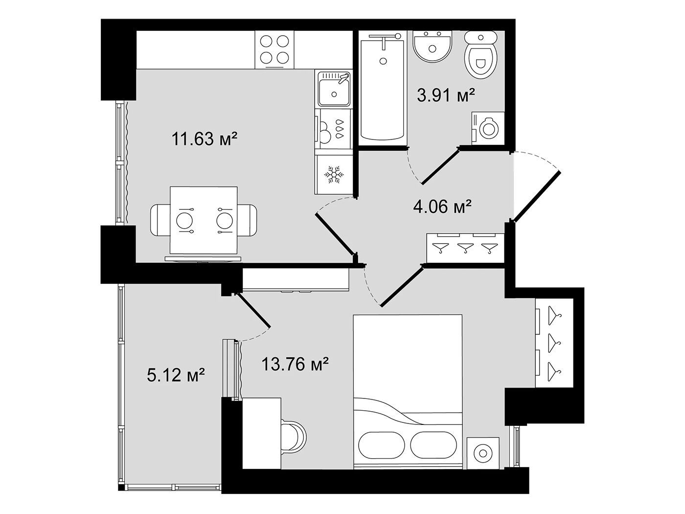 Планировка: 1-комн. квартира 35.92 м² в новостройке Новгородская 8