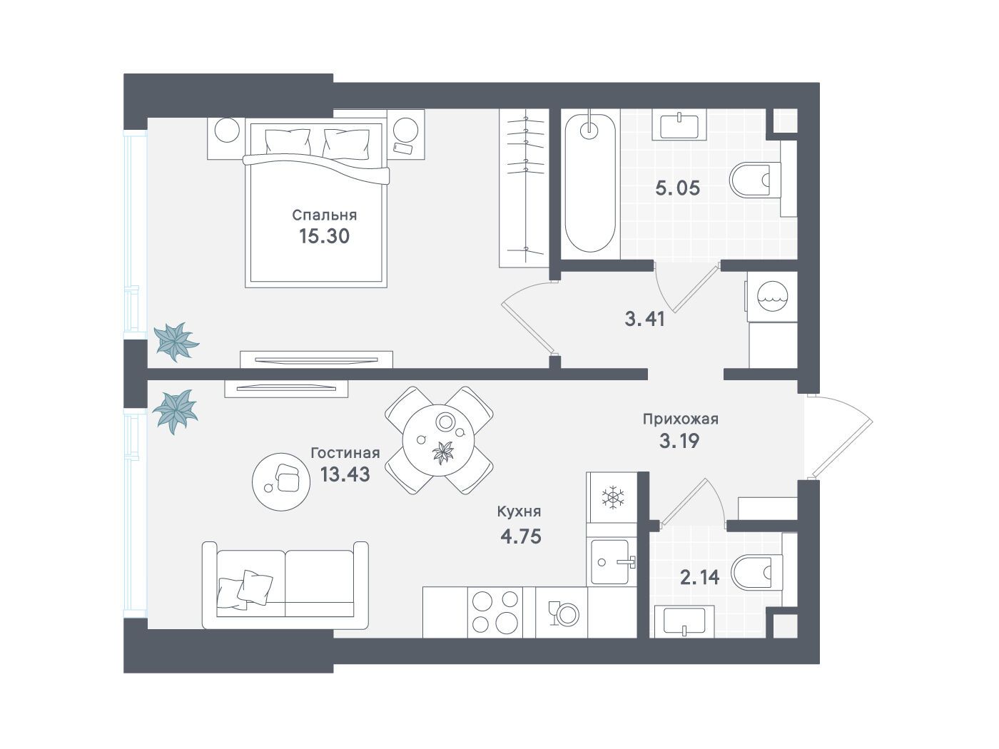 Планировка: 1-комн. квартира 47.27 м² в новостройке Солос