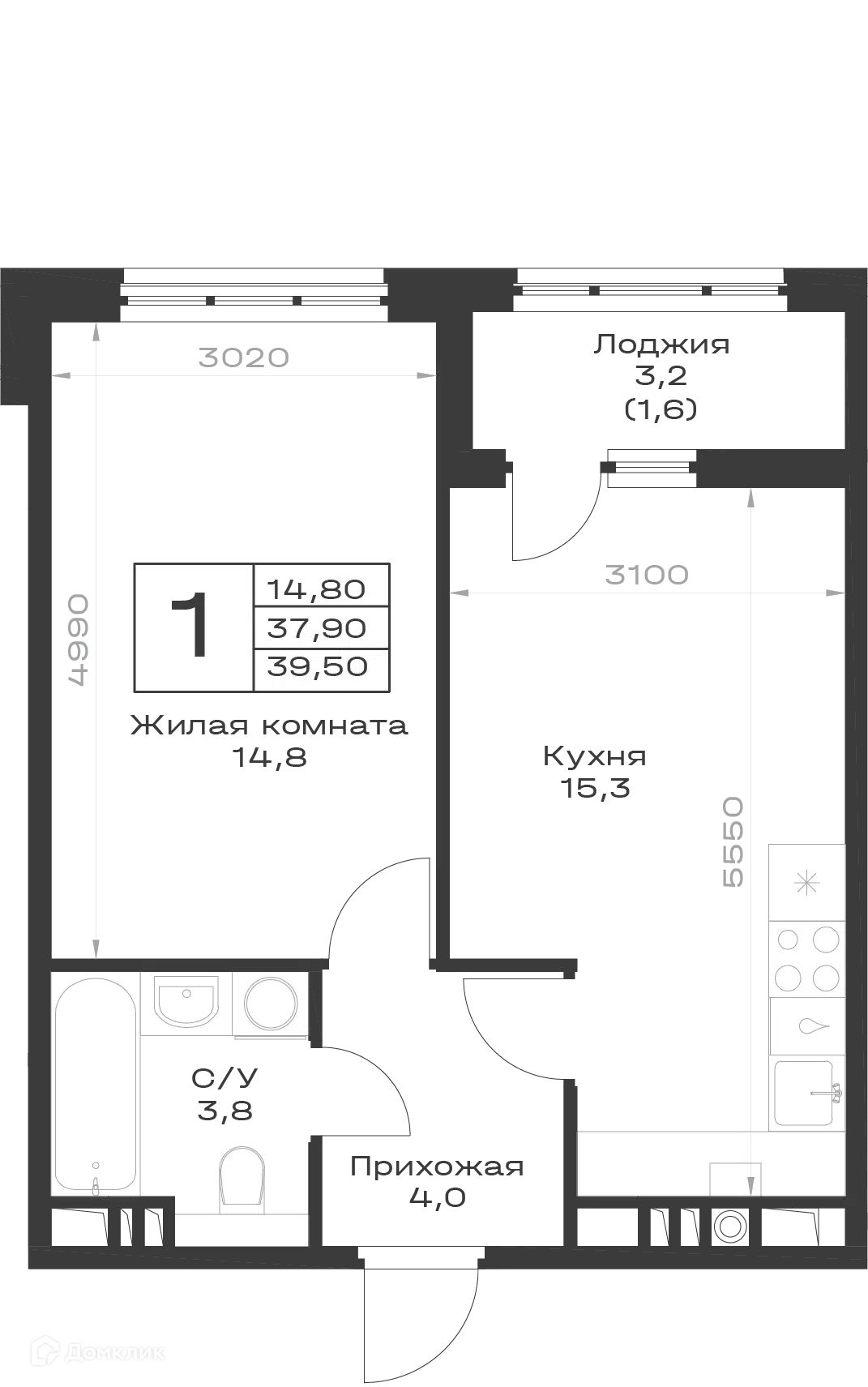 Планировка: 1-комн. квартира 39.00 м² в новостройке Экосфера