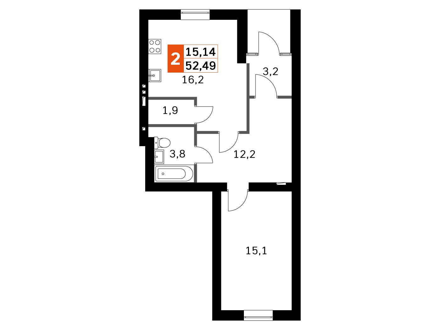 Планировка: 1-комн. квартира 51.20 м² в новостройке Парк Апрель