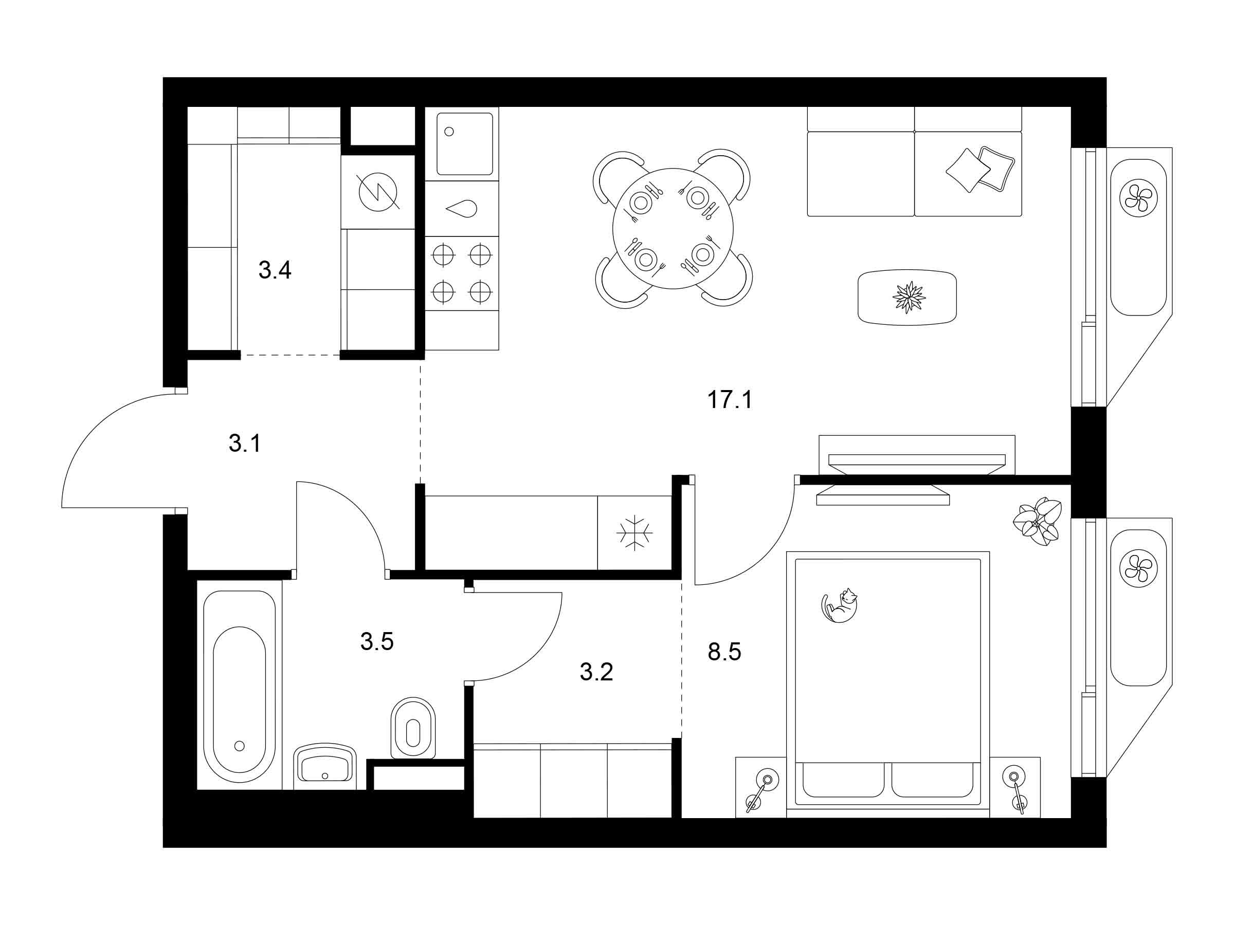 Планировка: 1-комн. квартира 38.80 м² в новостройке Алтуфьевское 53
