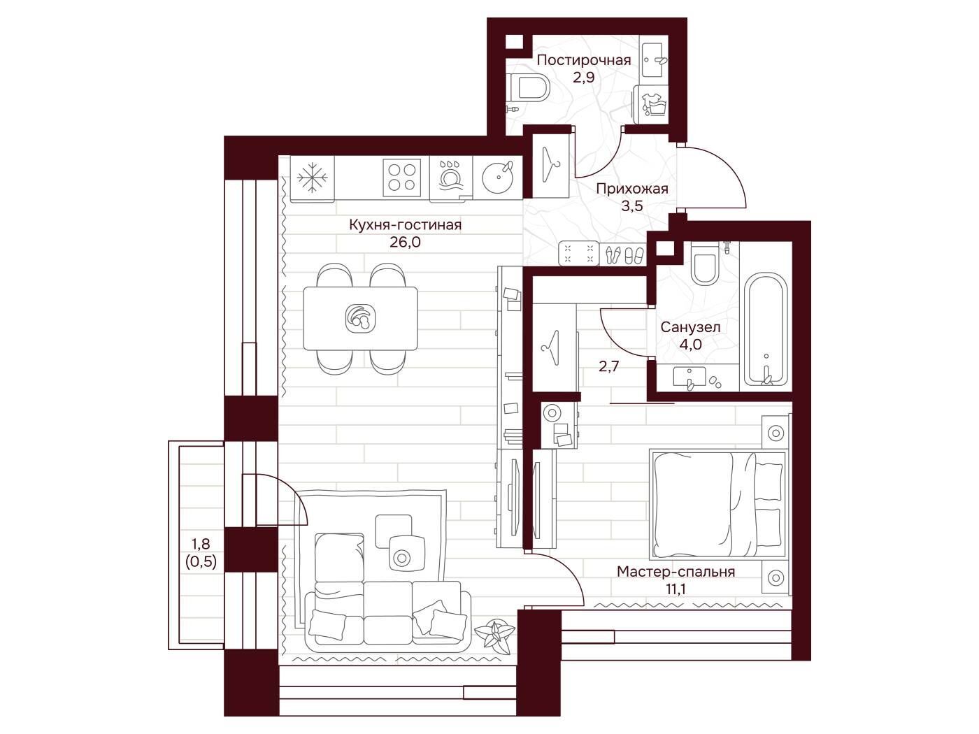 Планировка: 1-комн. квартира 50.70 м² в новостройке ЖК Дом 7 Даниловский