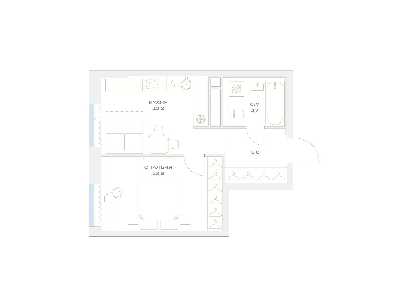 Планировка: 1-комн. квартира 36.70 м² в новостройке Детали