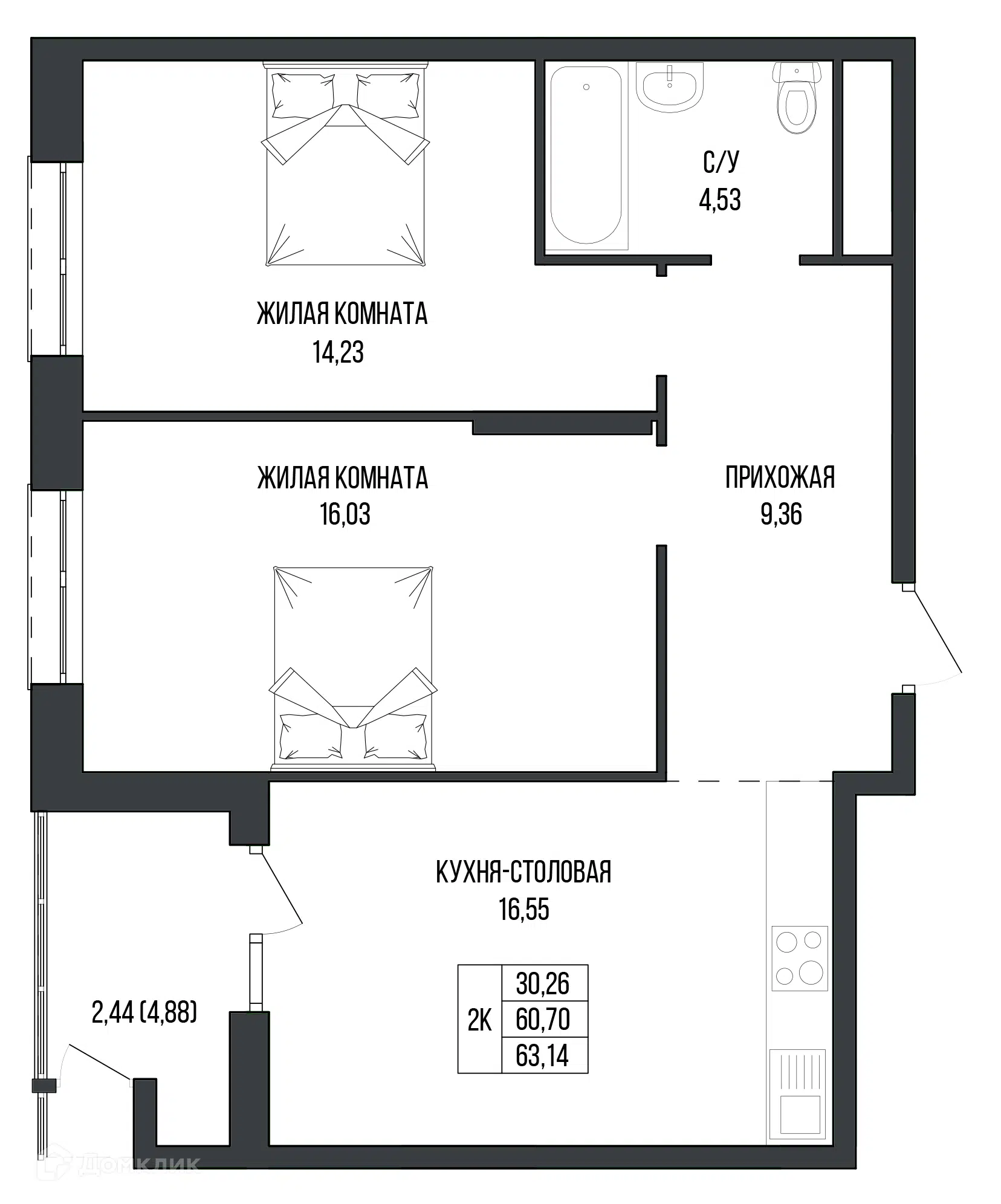 Планировка: 2-комнатная квартира 63.14 м² в новостройке Комфорт парк