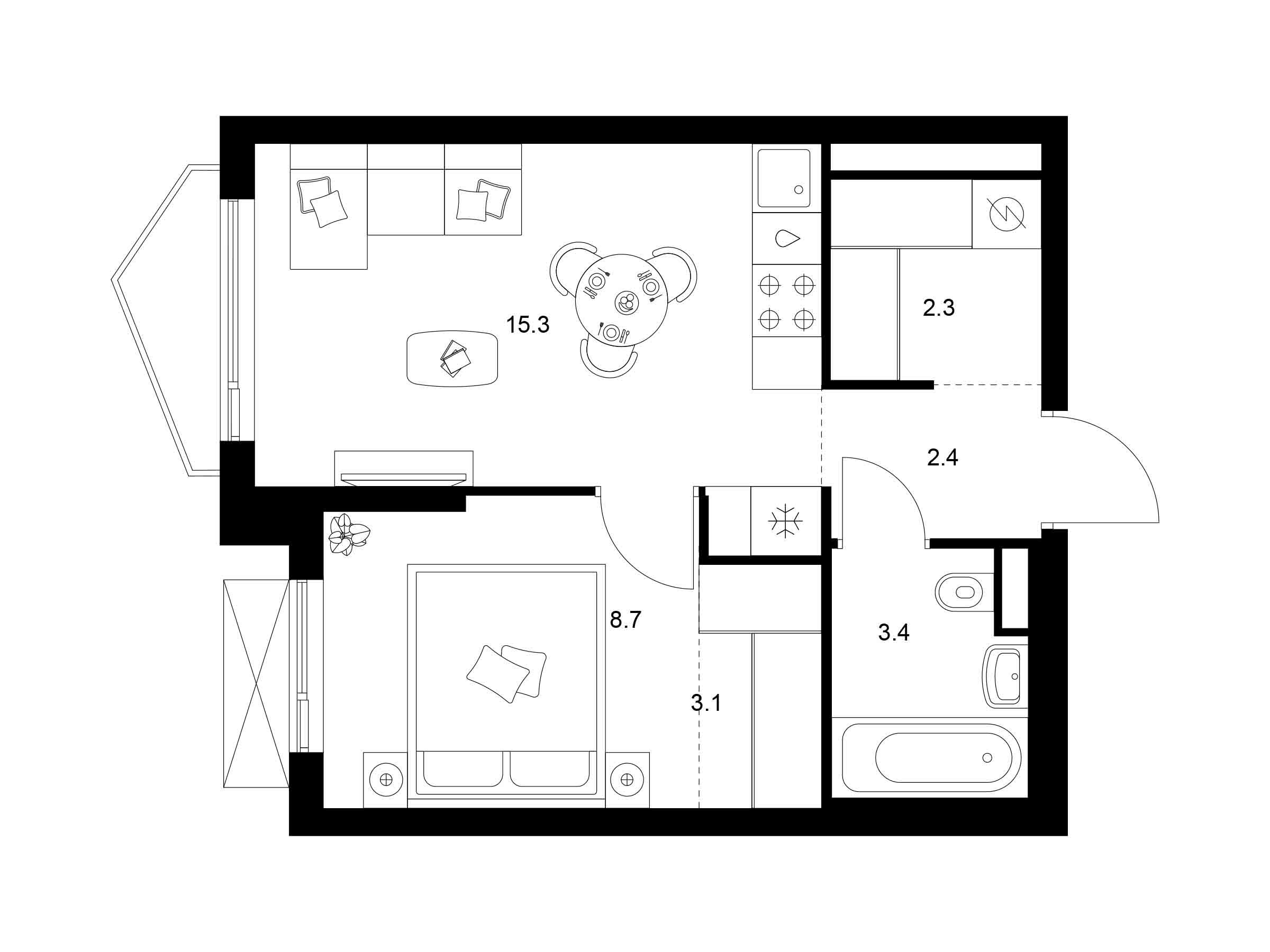 Планировка: 1-комн. квартира 35.20 м² в новостройке Мичуринский парк