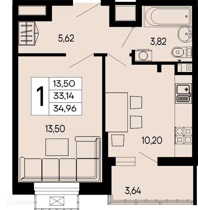 Планировка: 1-комн. квартира 34.96 м² в новостройке ЖК Эпос