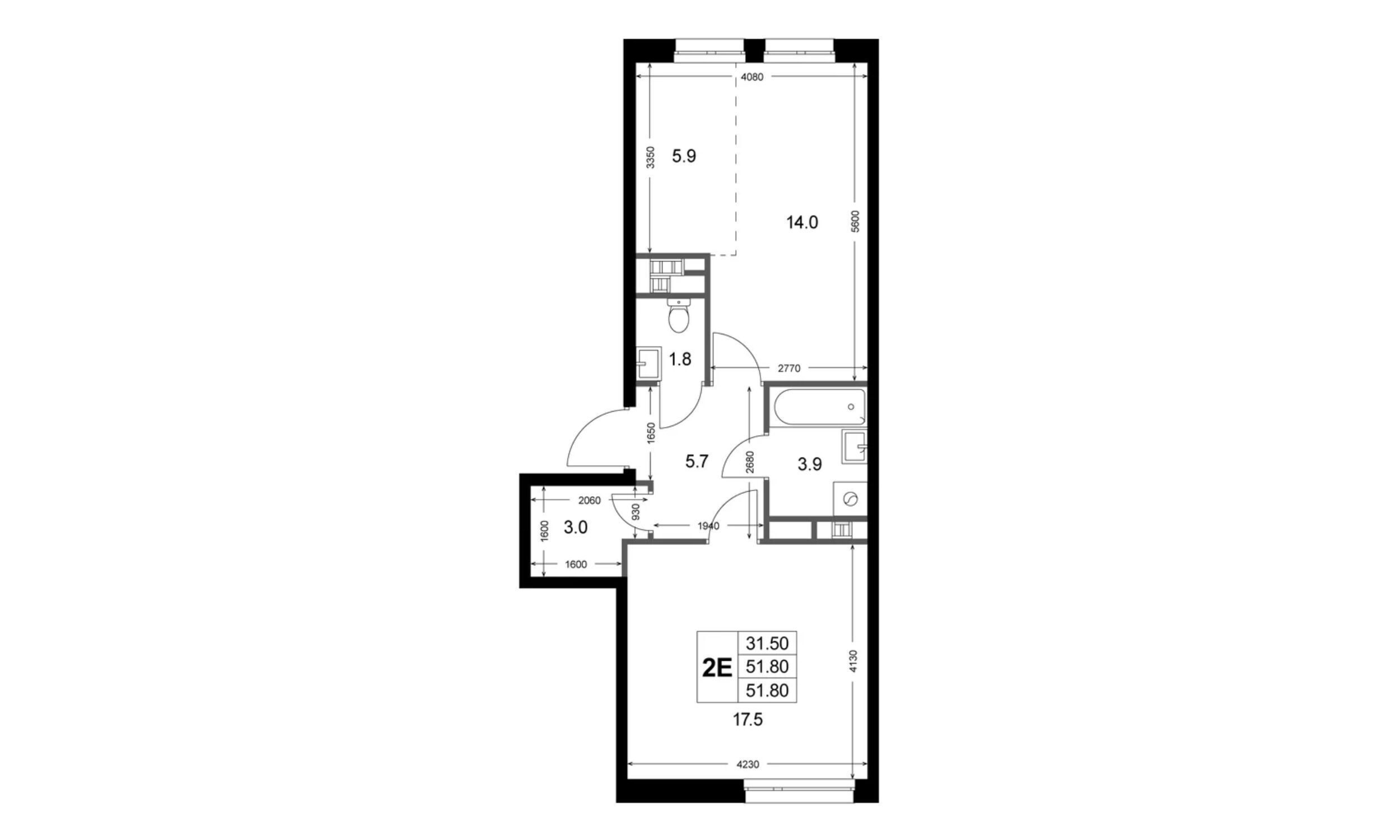 Планировка: 2-комн. квартира 52.10 м² в новостройке Легенда Коренёво