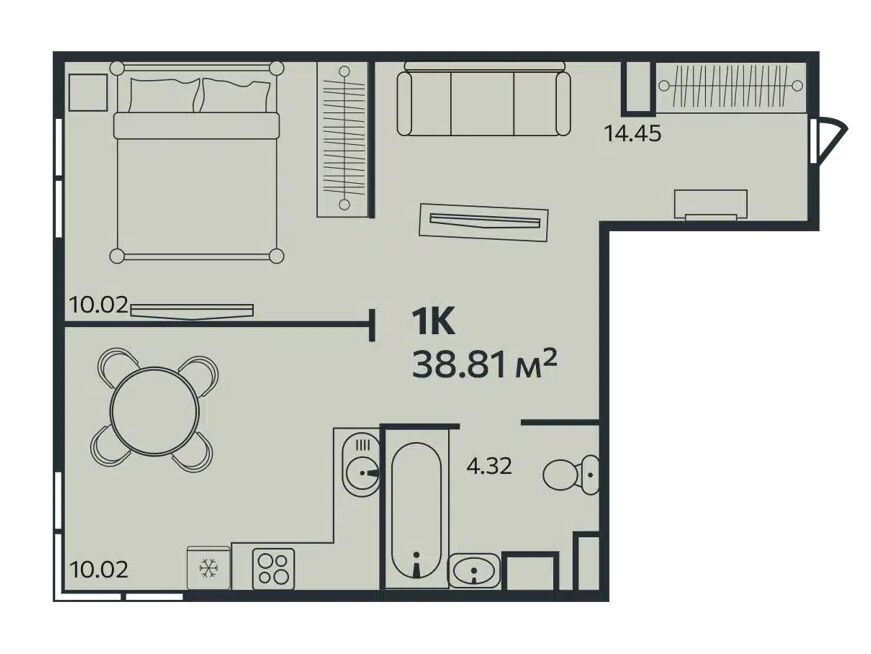 Планировка: 1-комн. квартира 38.92 м² в новостройке Эдельвейс