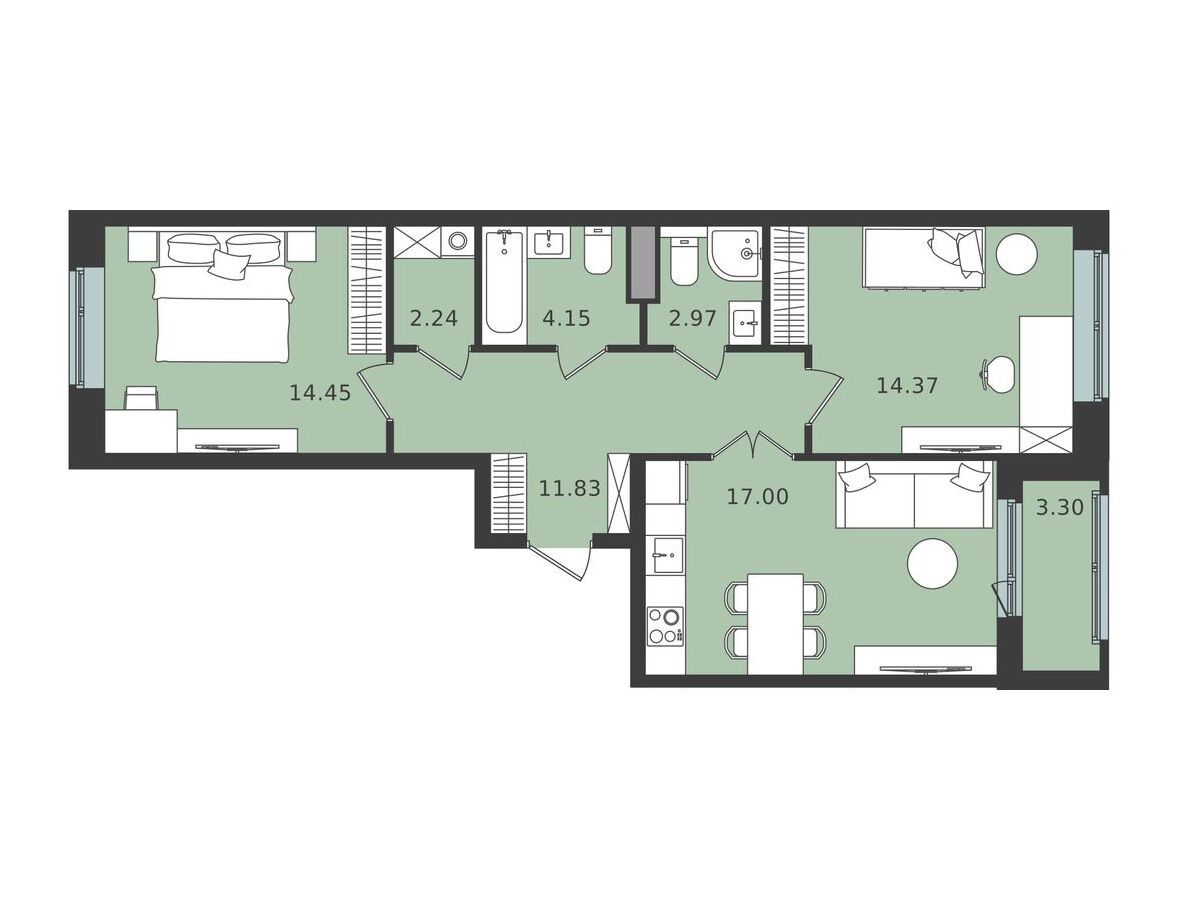 Планировка: 2-комн. квартира 68.66 м² в новостройке Мишино-2