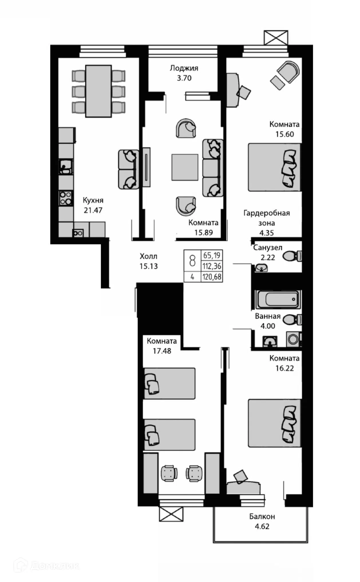Планировка: 4-комн. квартира 120.68 м² в новостройке Ривьера