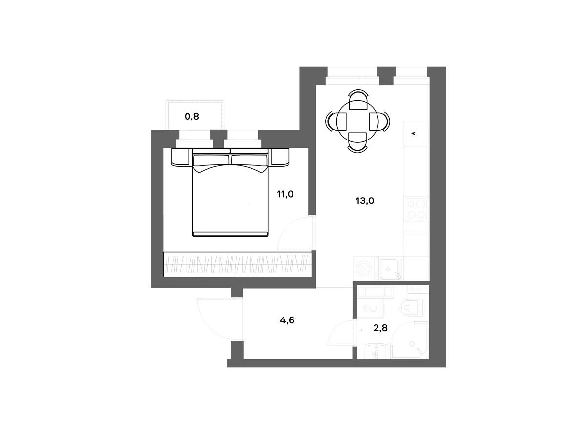 Планировка: 1-комн. квартира 31.60 м² в новостройке Нега