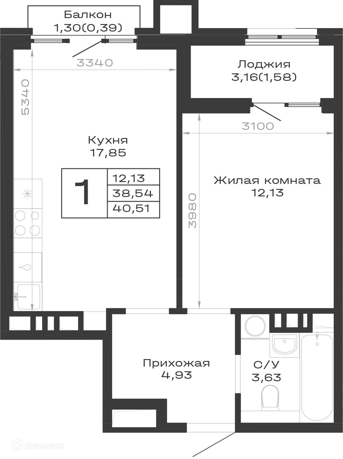 Планировка: 1-комн. квартира 40.51 м² в новостройке Суворов