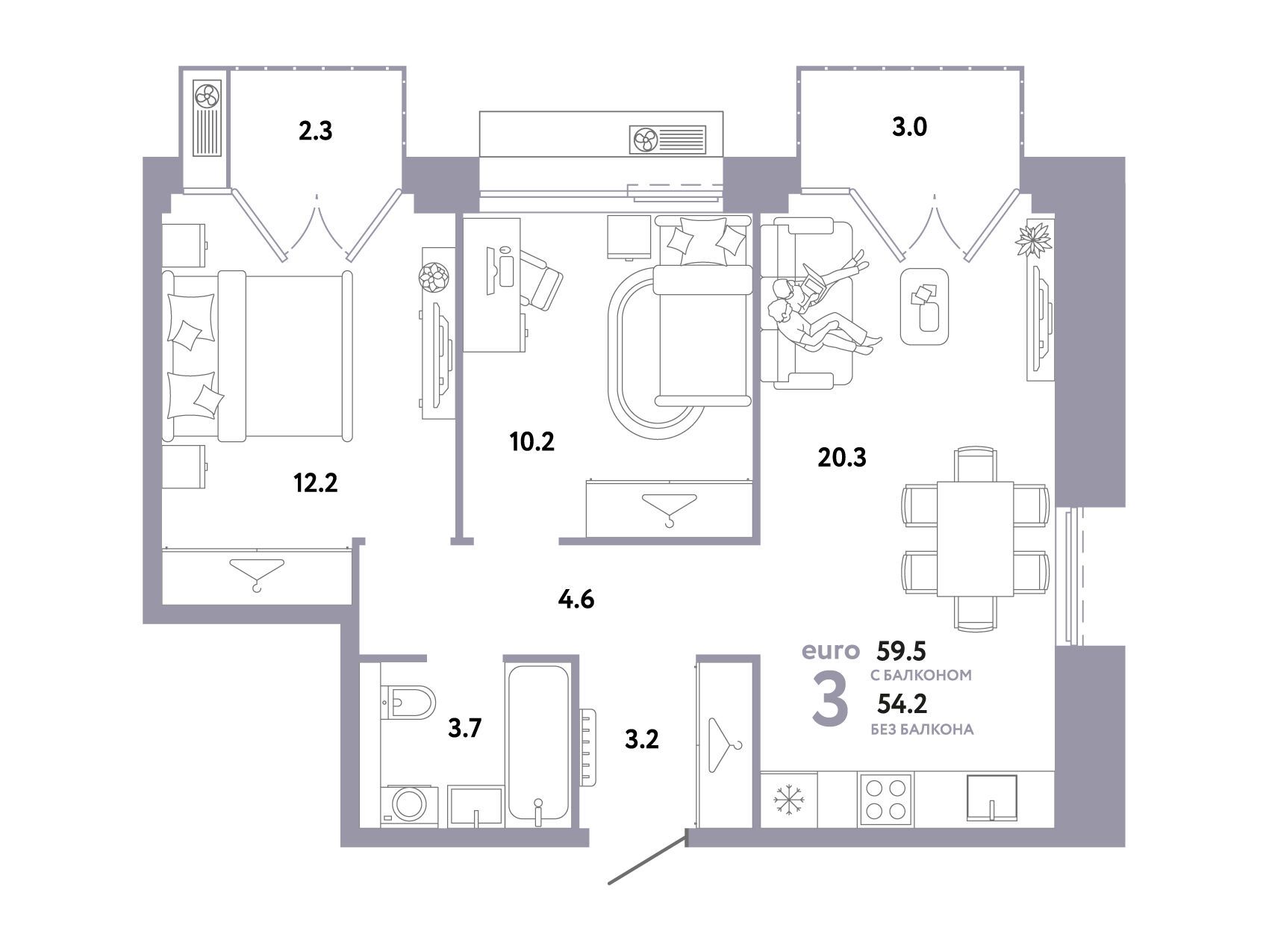 Планировка: 3-комн. квартира 59.50 м² в новостройке Страна. Заречная