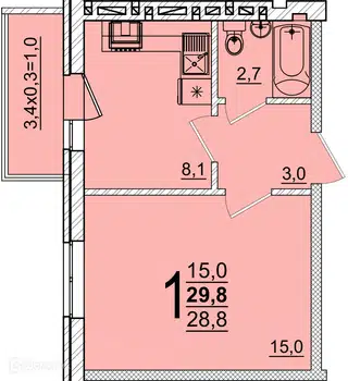 Планировка: 1-комн. квартира 29.80 м² в новостройке ЖК Дарград