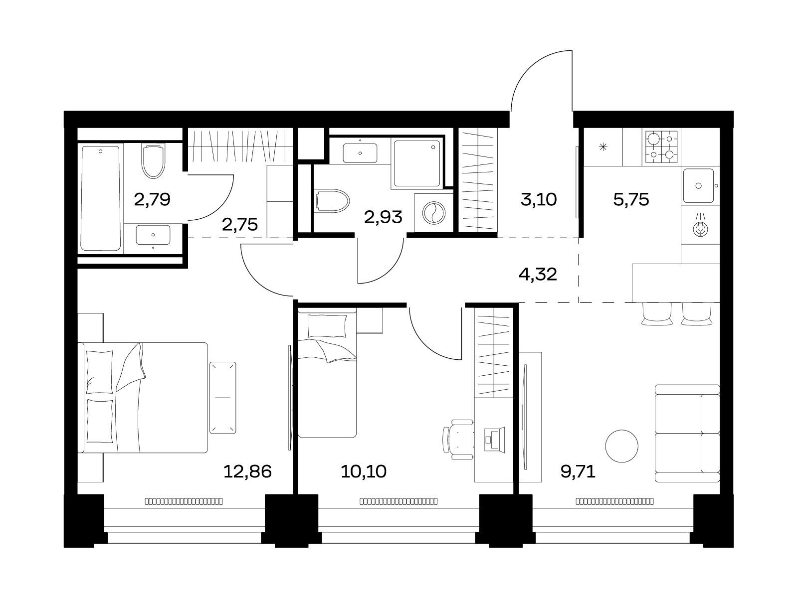 Планировка: 2-комн. квартира 54.31 м² в новостройке Нова
