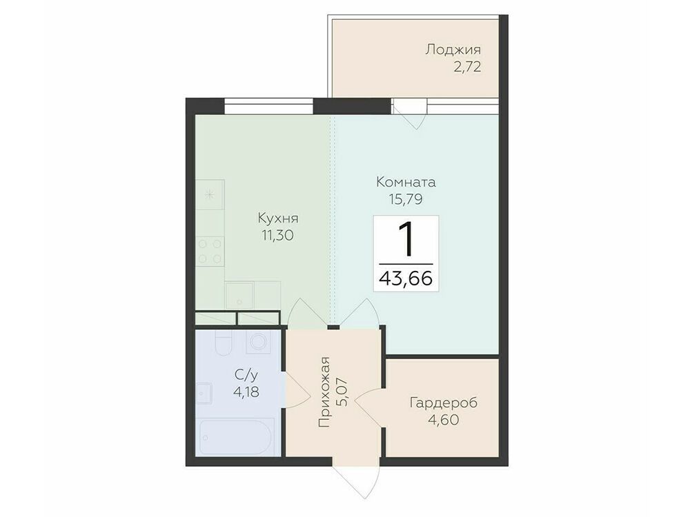 Планировка: 1-комн. квартира 43.66 м² в новостройке Финский квартал