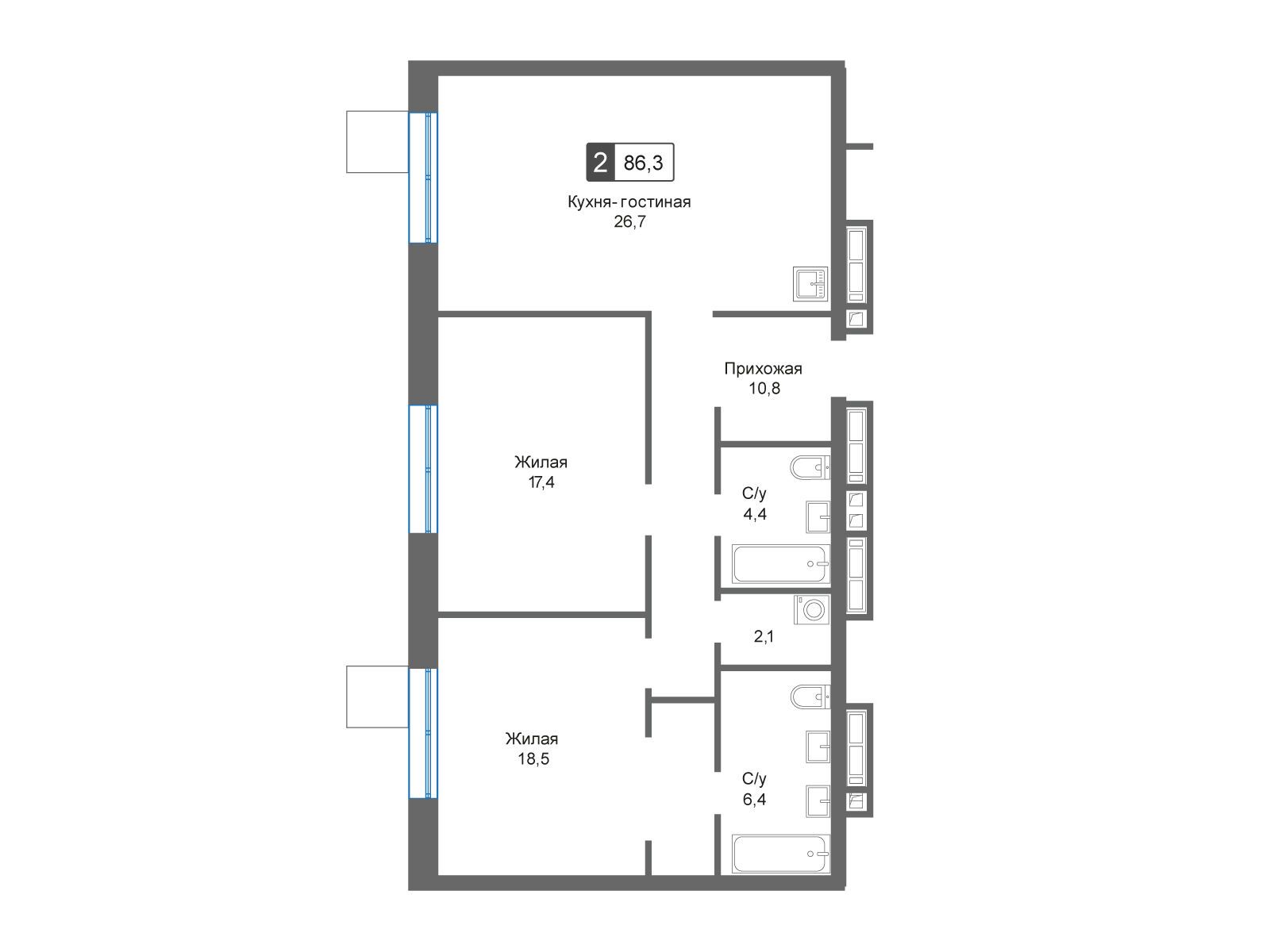 Планировка: 2-комн. квартира 86.30 м² в новостройке Отрада