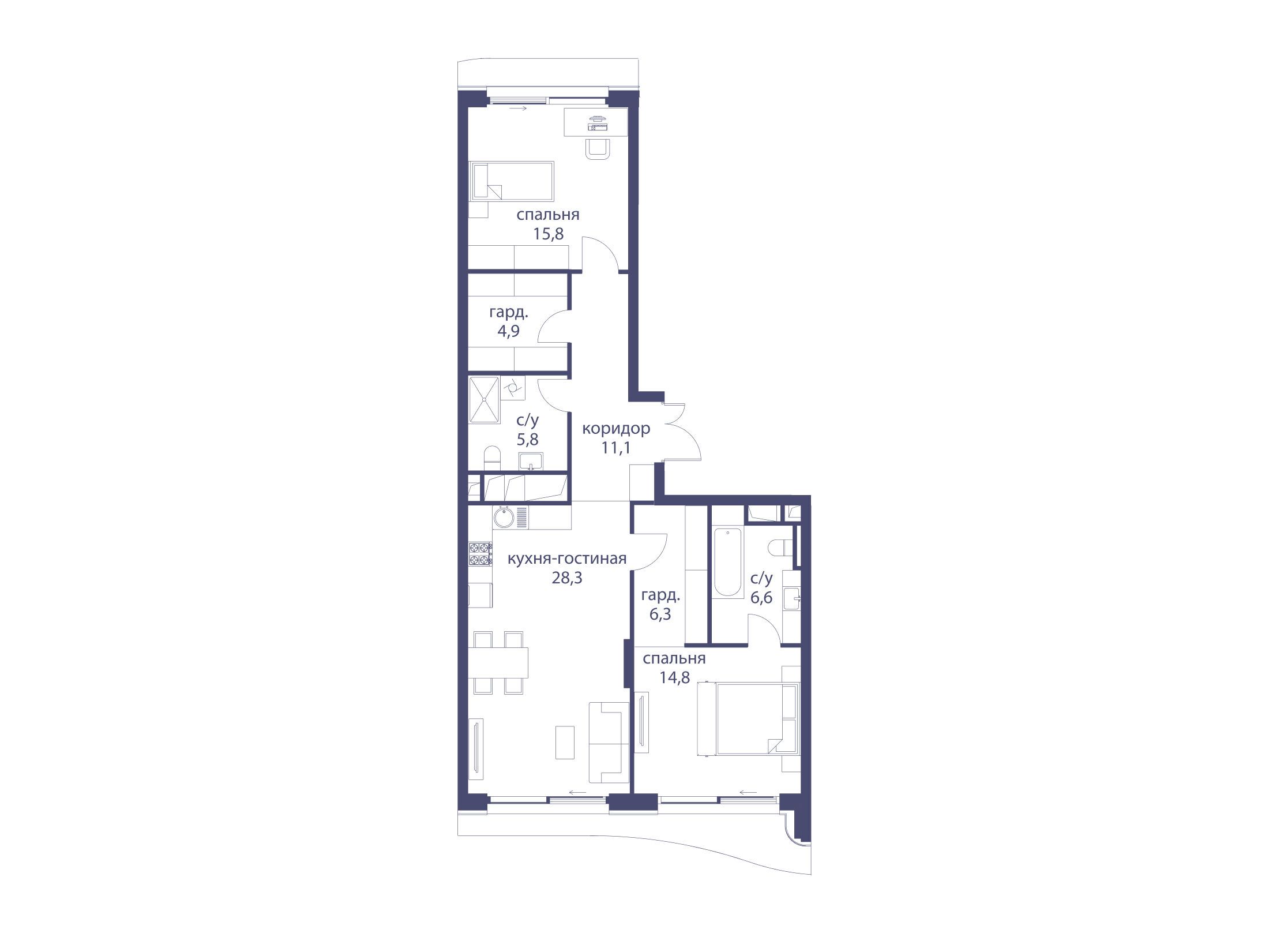 Планировка: 2-комн. квартира 93.60 м² в новостройке Река