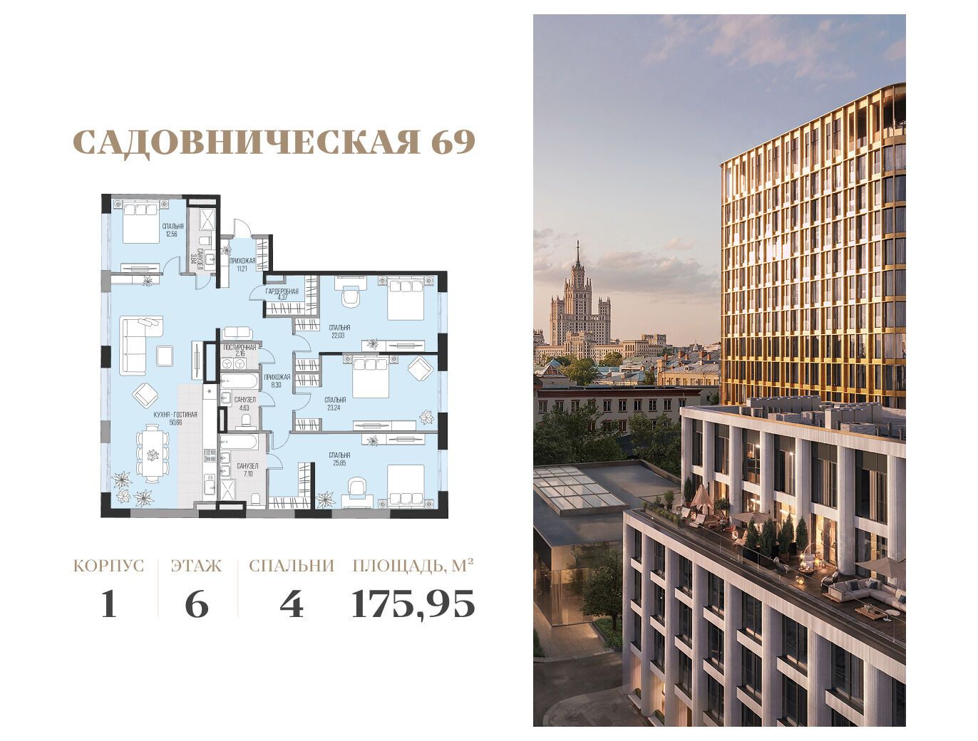 Планировка: 4-комн. квартира 214.55 м² в новостройке Садовническая 69