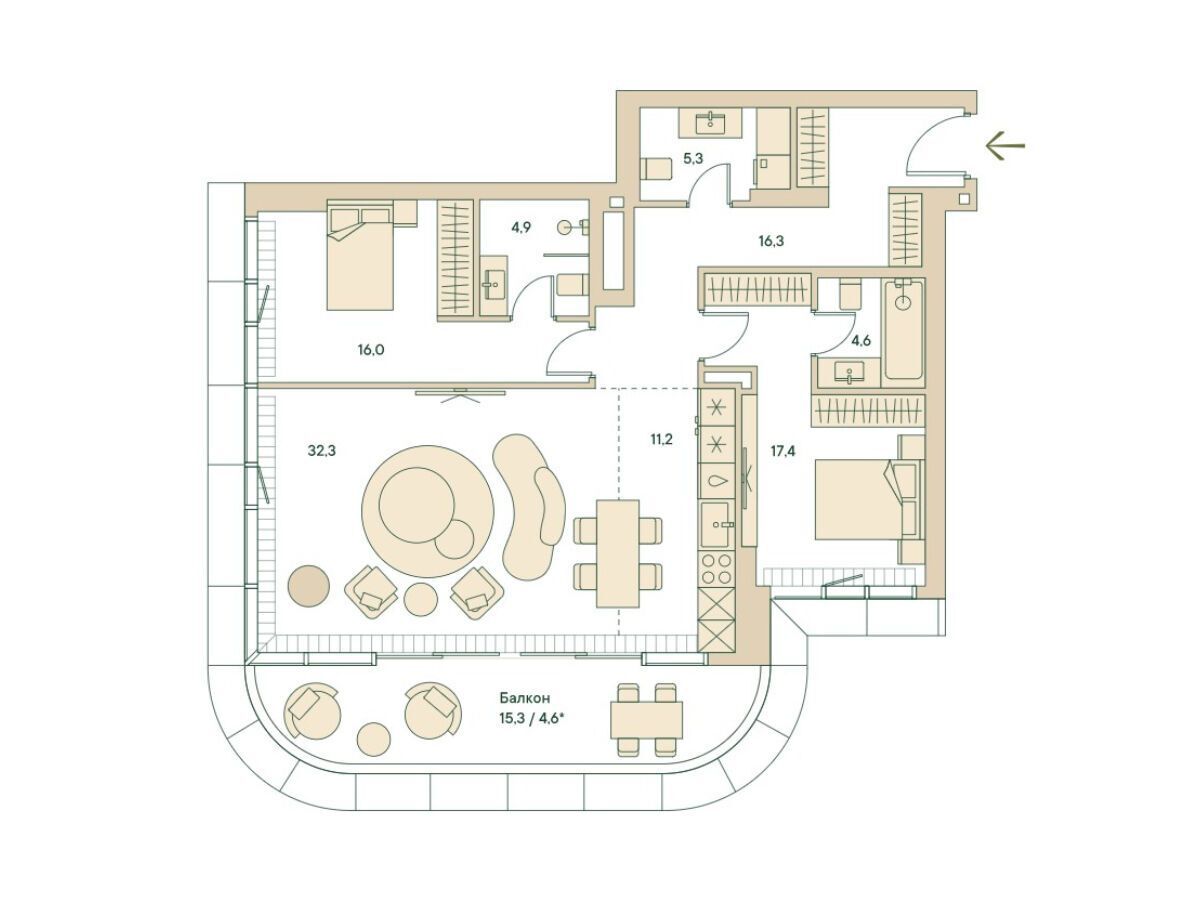 Планировка: 3-комн. квартира 125.40 м² в новостройке Спрингс