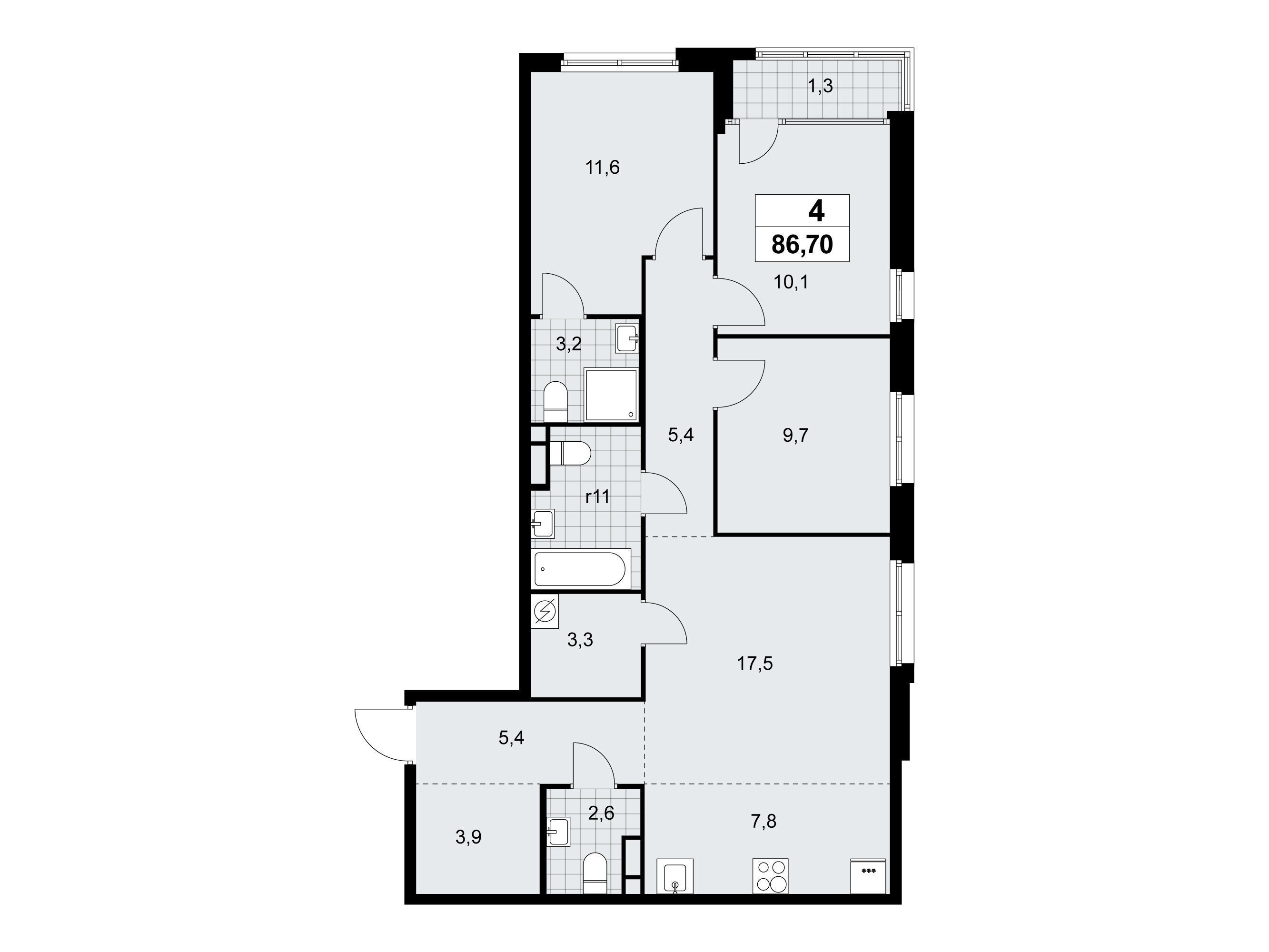 Планировка: 4-комн. квартира 87.00 м² в новостройке Дом на Зорге