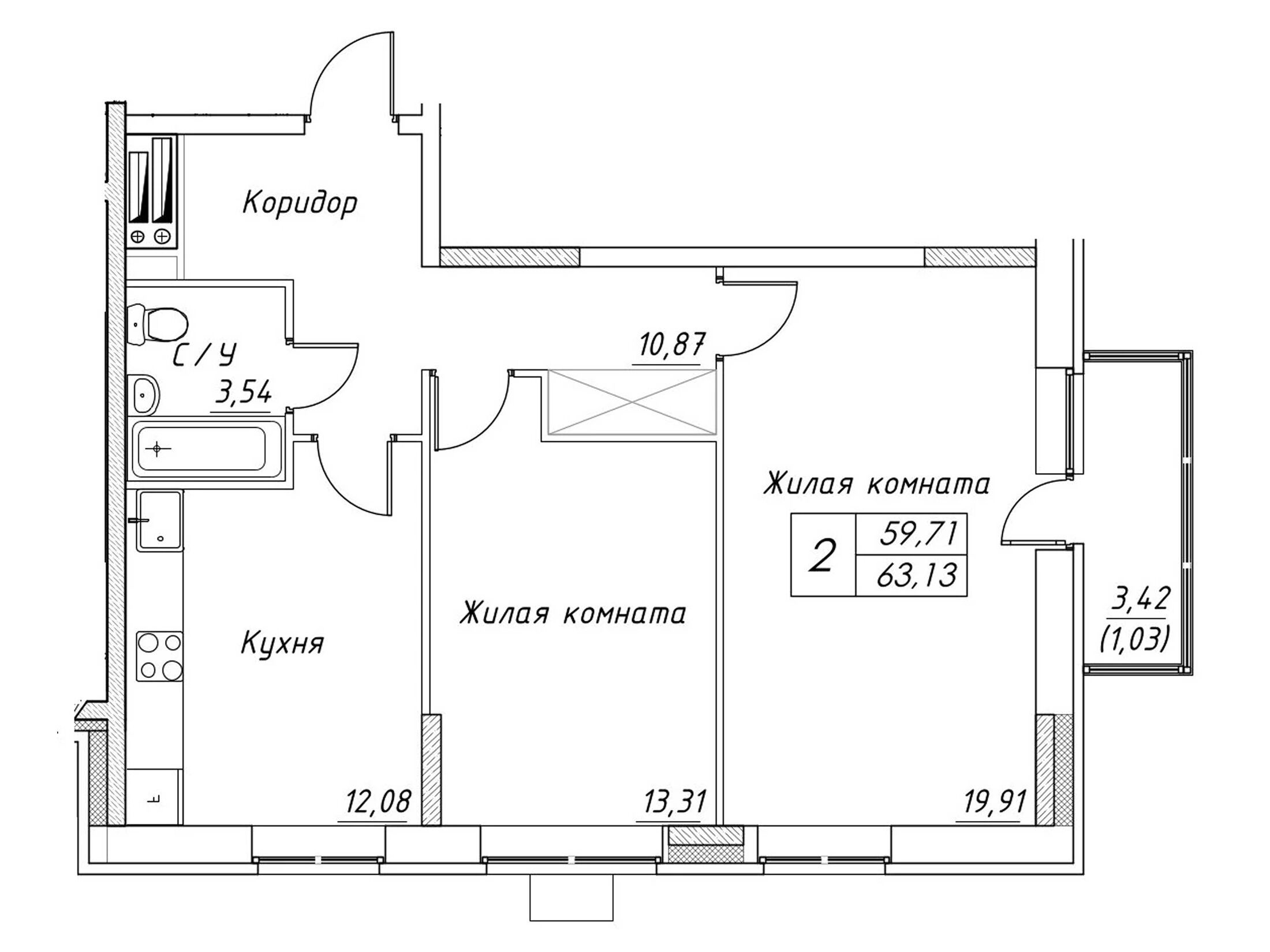 Планировка: 2-комн. квартира 63.13 м² в новостройке Большевик (Дмитров)