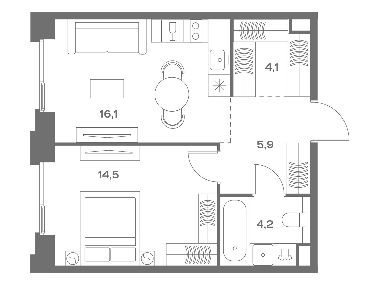 Планировка: 1-комн. квартира 44.80 м² в новостройке ЖК Соул