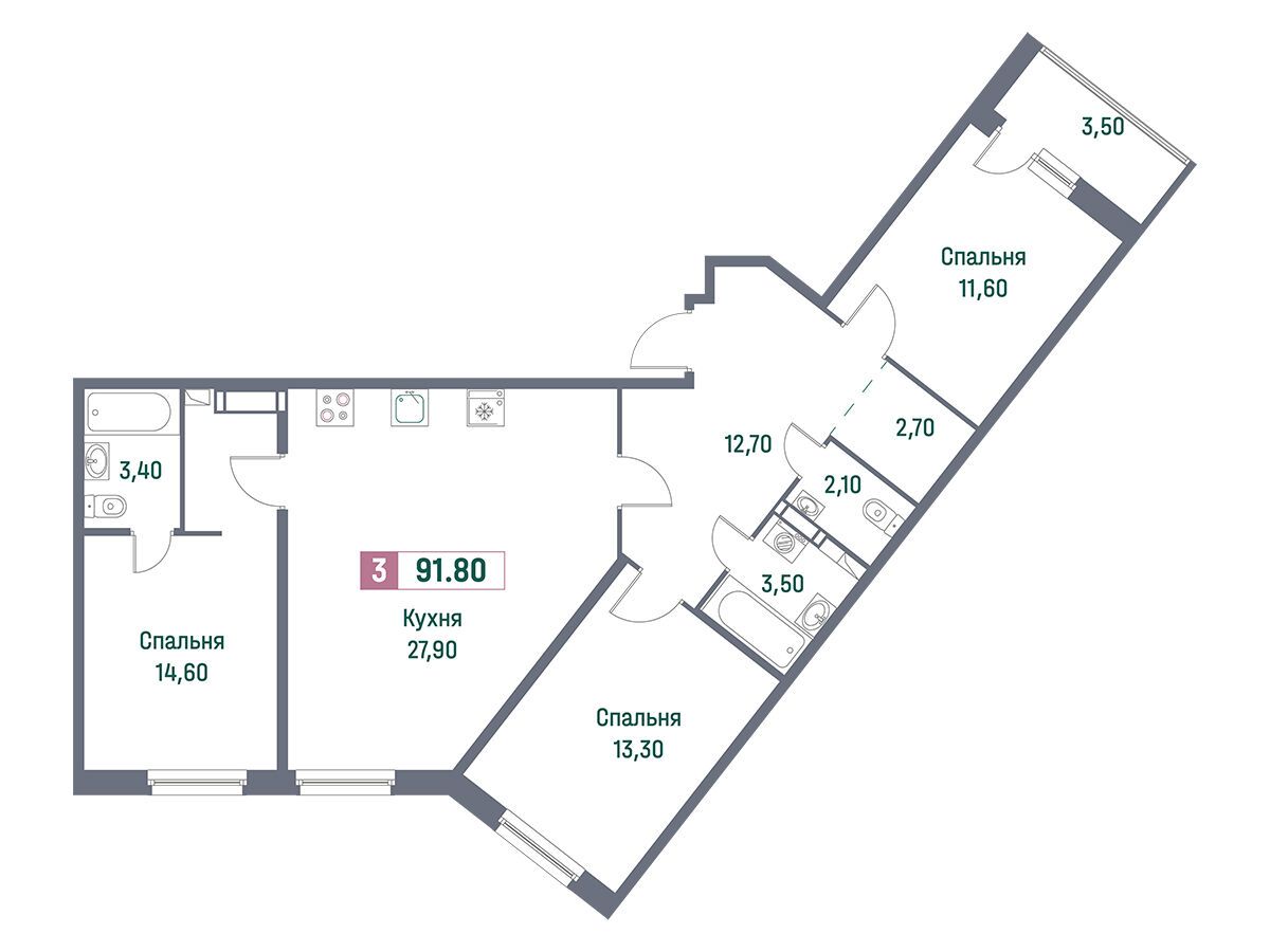 Планировка: 3-комн. квартира 91.80 м² в новостройке Фотограф
