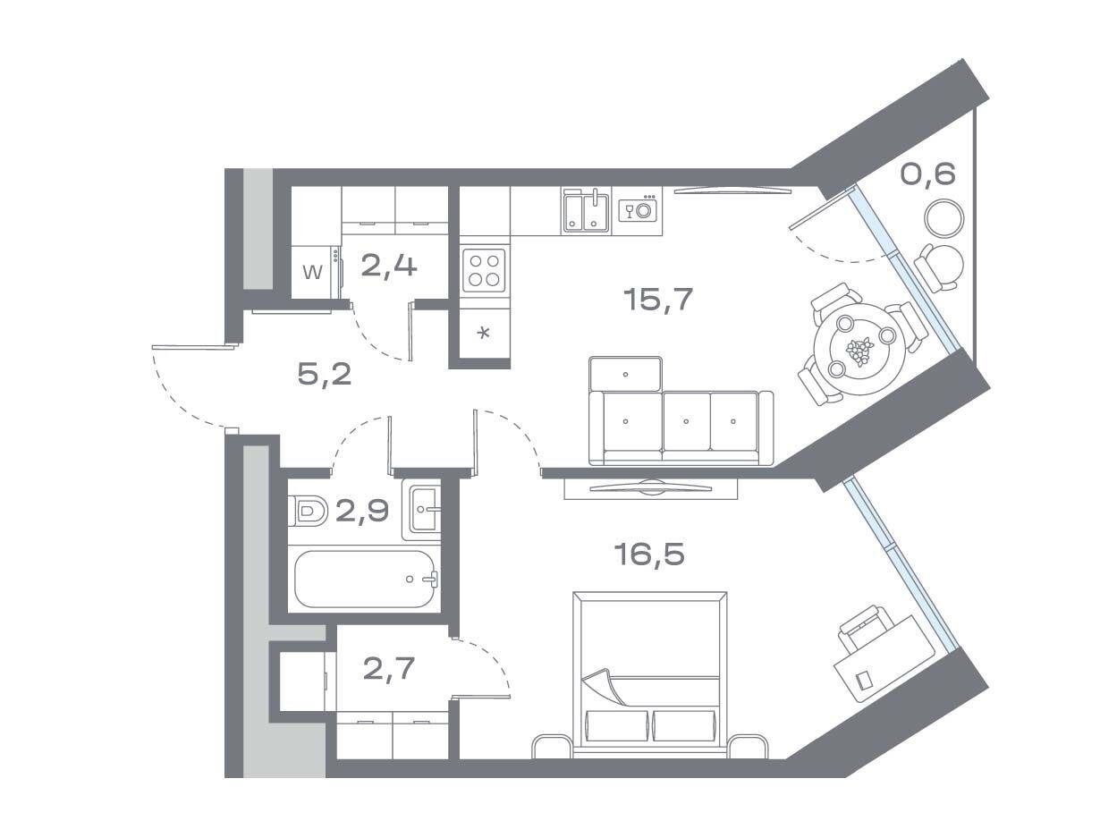 Планировка: 1-комн. квартира 45.89 м² в новостройке Дом Горизонтов