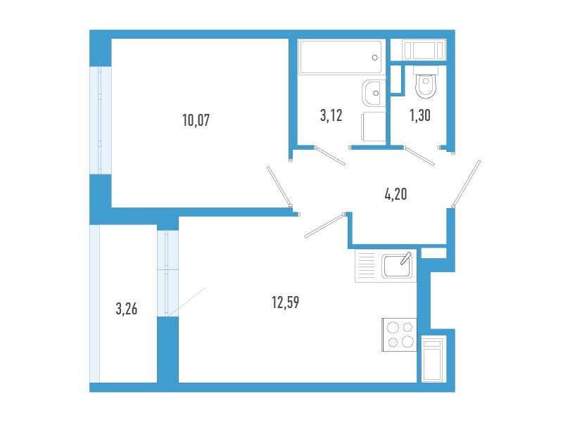 Планировка: 1-комн. квартира 32.90 м² в новостройке Аэросити