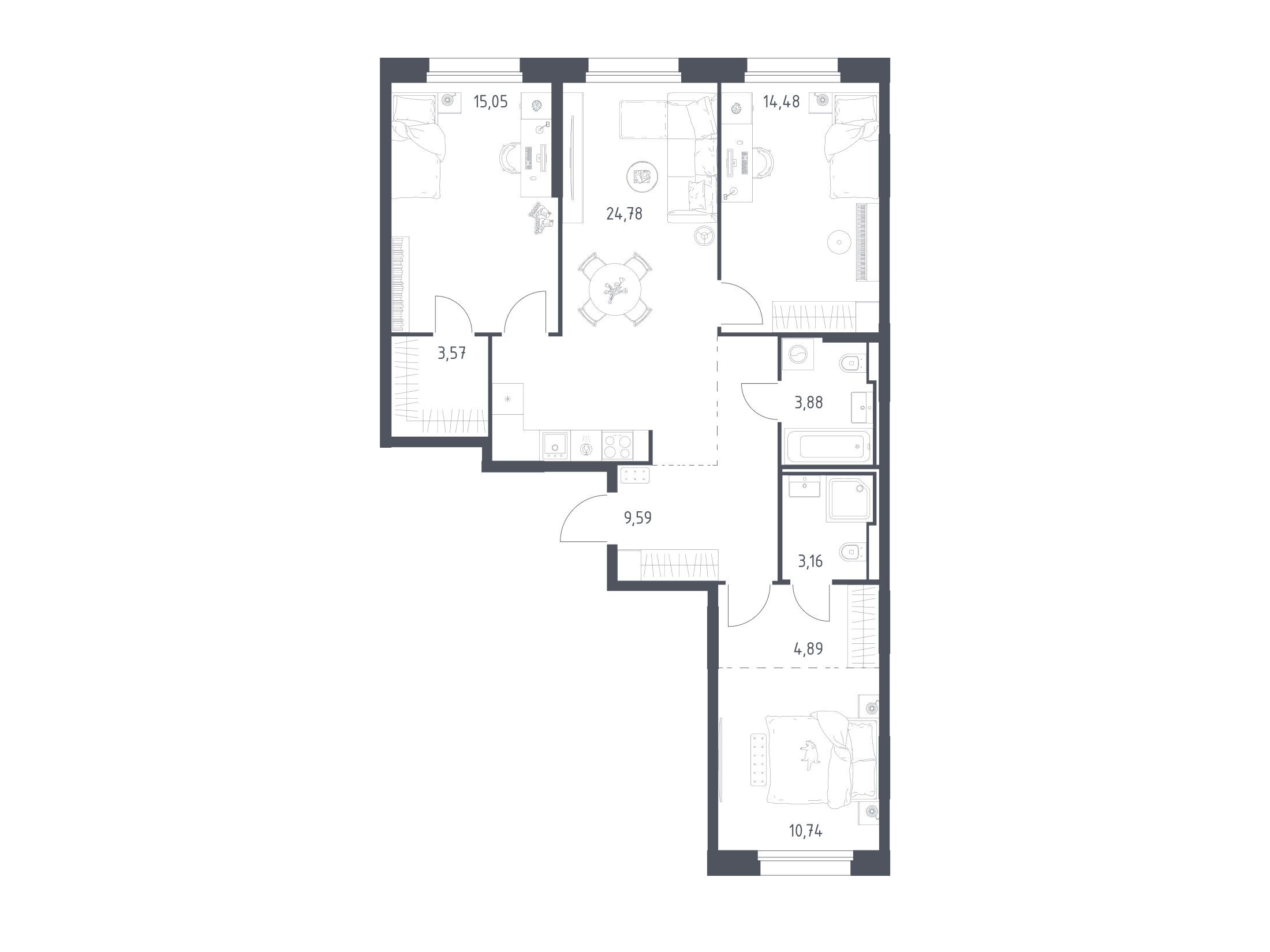 Планировка: 3-комн. квартира 90.14 м² в новостройке Заречье Парк