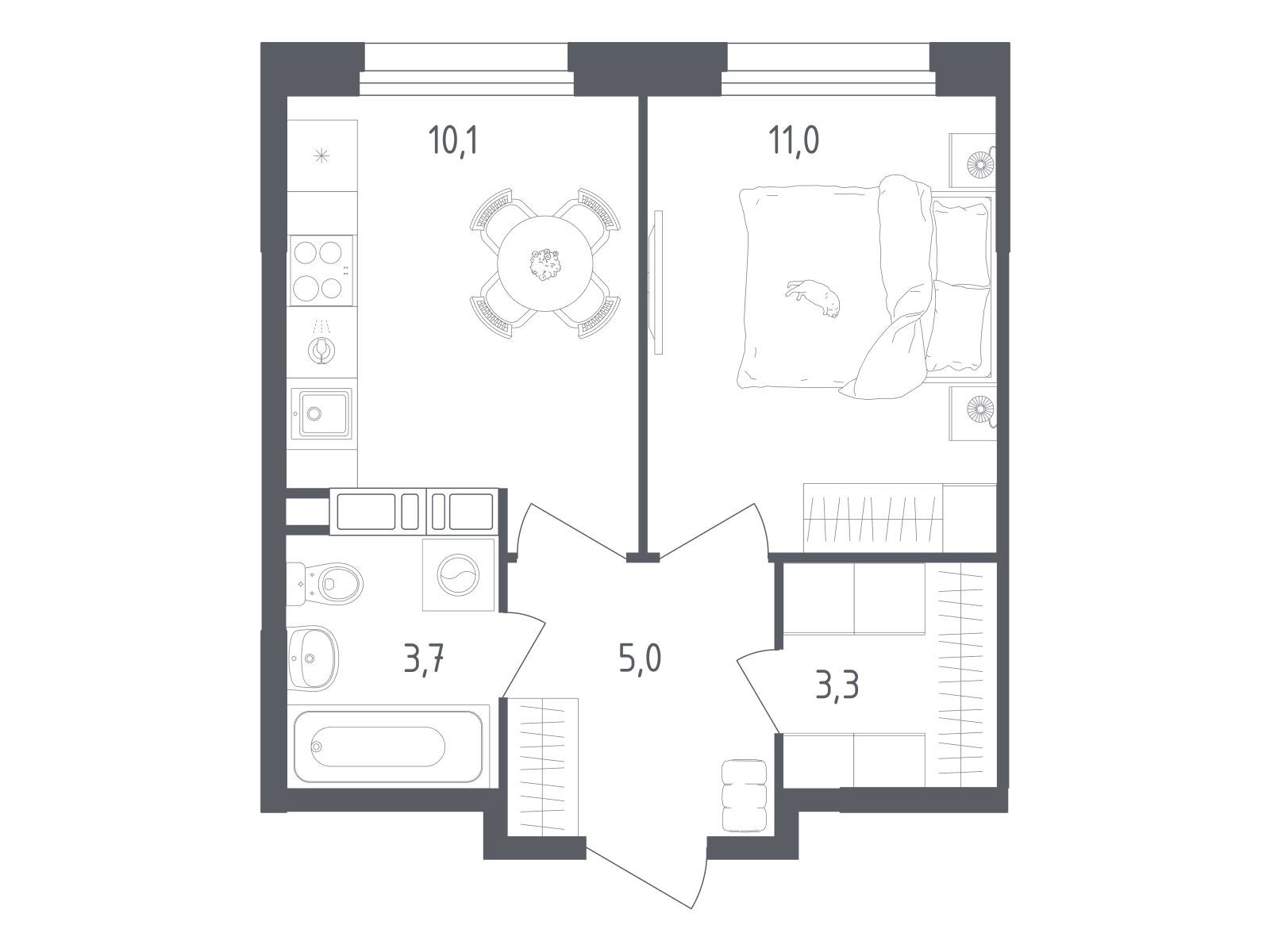 Планировка: 1-комн. квартира 33.10 м² в новостройке Ольховый Квартал
