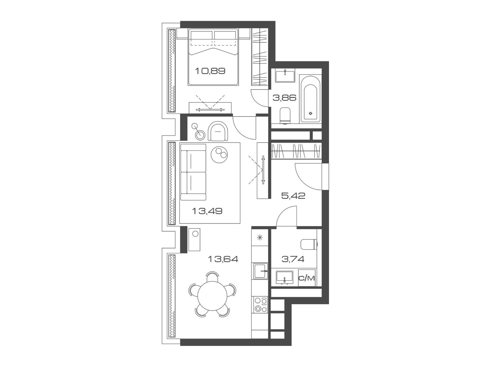 Планировка: 1-комн. квартира 52.30 м² в новостройке Лунар