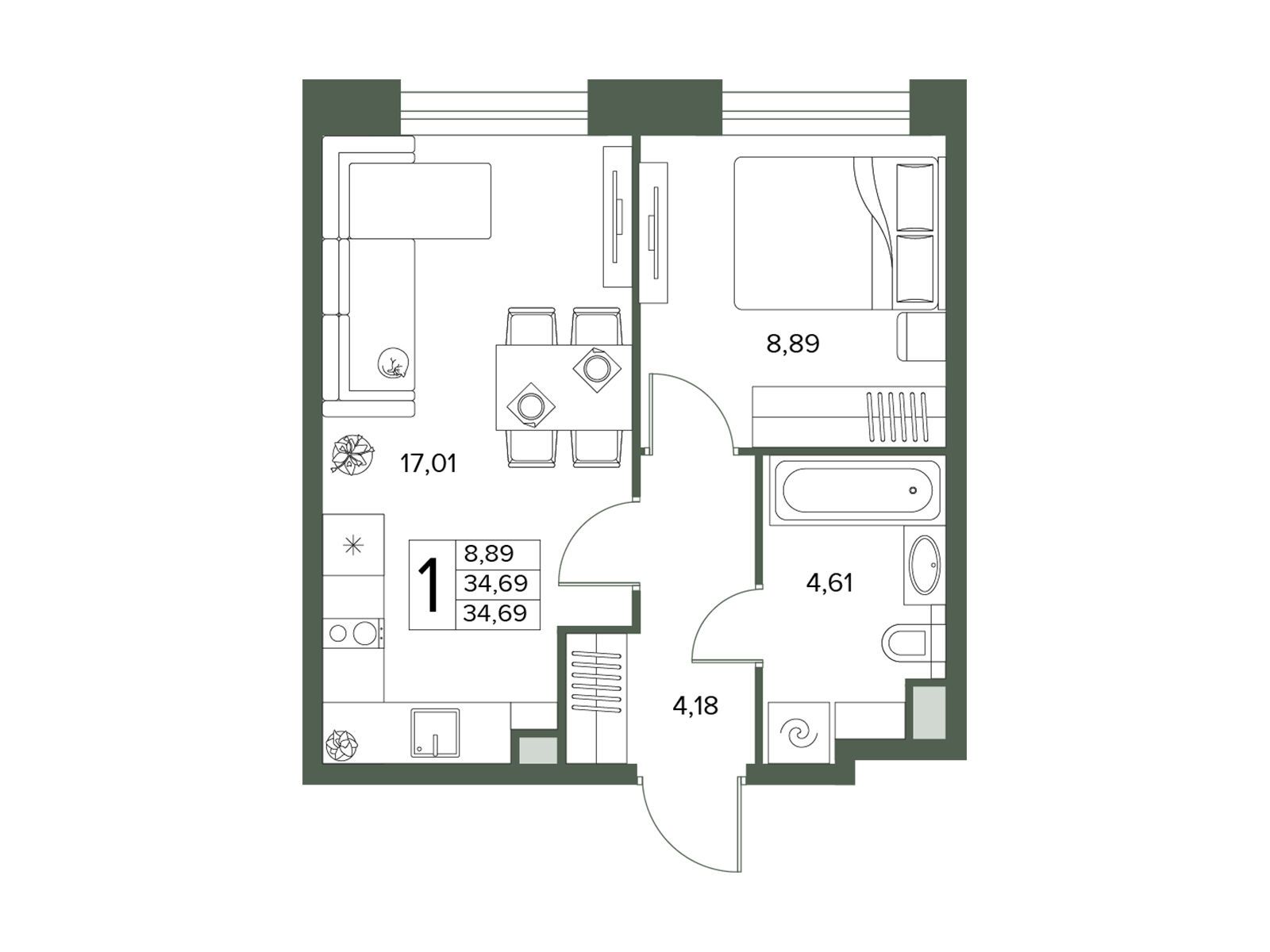 Планировка: 1-комн. квартира 34.69 м² в новостройке Городской бор