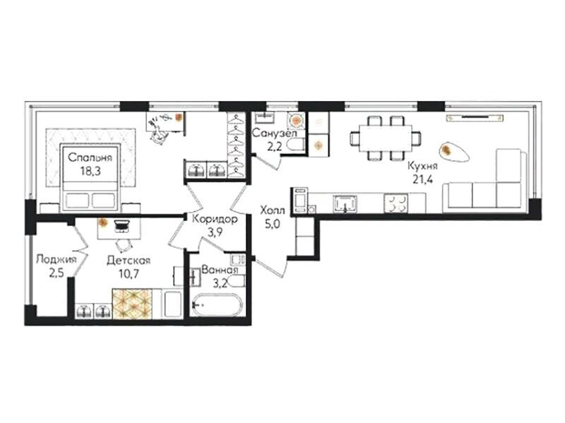 Планировка: 2-комн. квартира 66.00 м² в новостройке ЖК Кронунг Юг