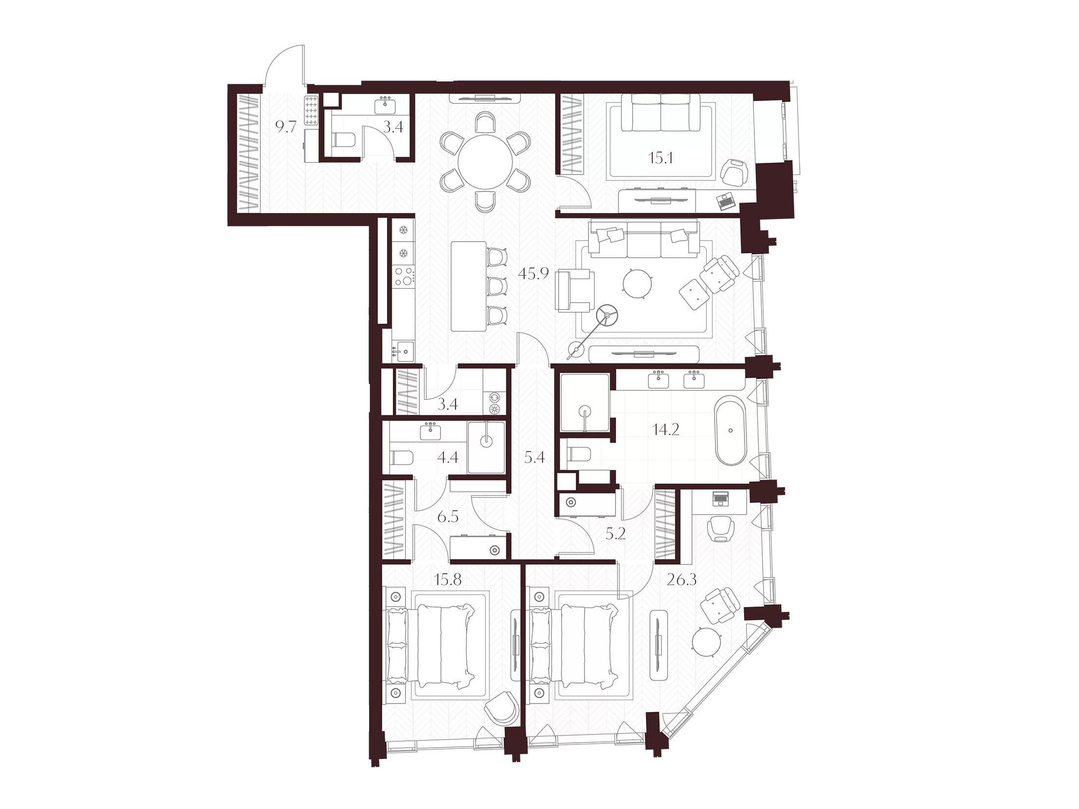 Планировка: 3-комн. квартира 155.30 м² в новостройке Климашкина 7/11