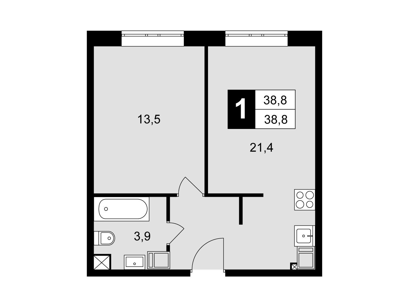 Планировка: 1-комн. квартира 38.80 м² в новостройке Восточный